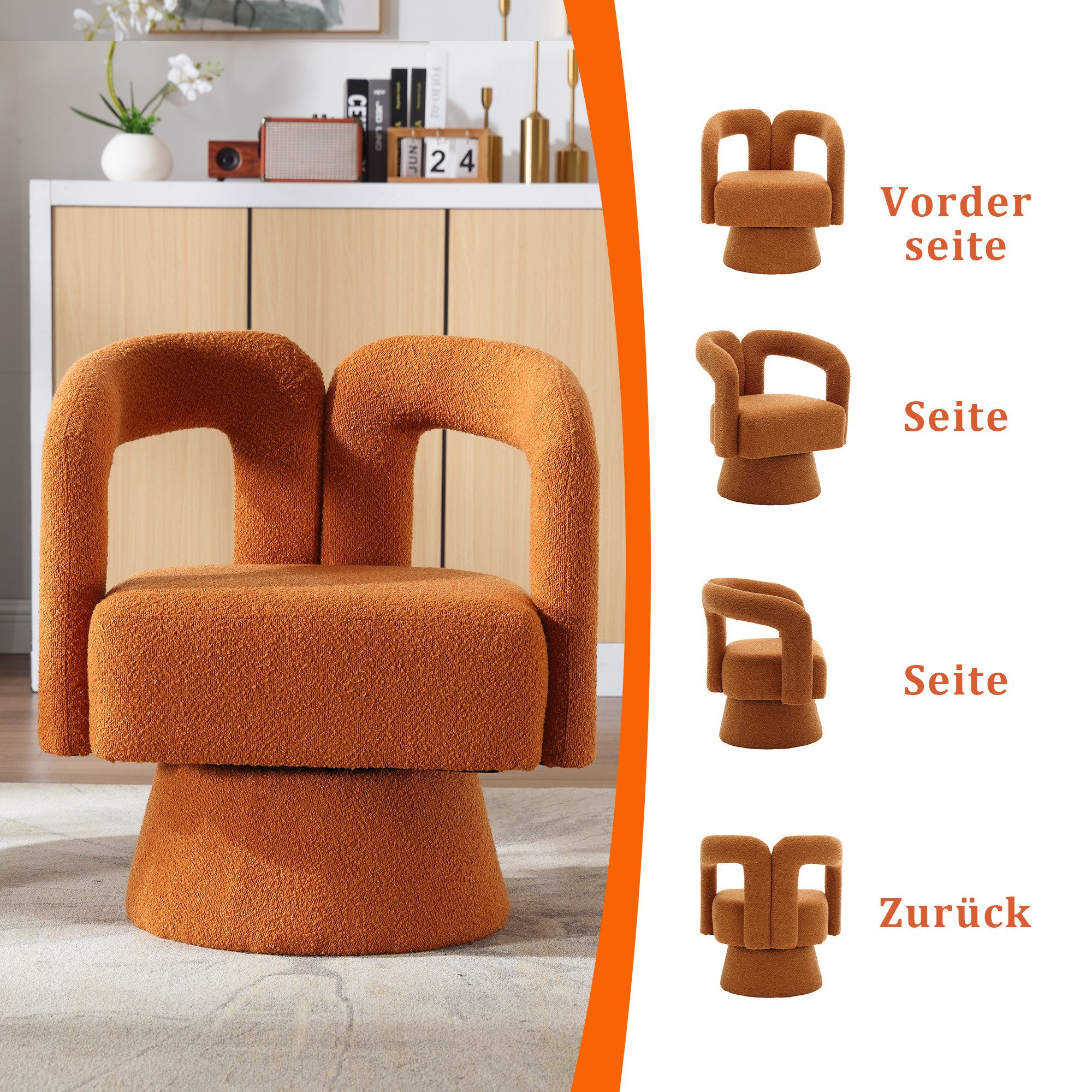 OKWISH Drehstuhl Loungesessel Polsterstuhl (360° drehbarer Relaxsessel, runder Akzentstuhl mit breiter Polsterung, flauschiger Stoffbezug, bequemer Drehsessel), flauschiger Stoffbezug, bequemer Drehsessel