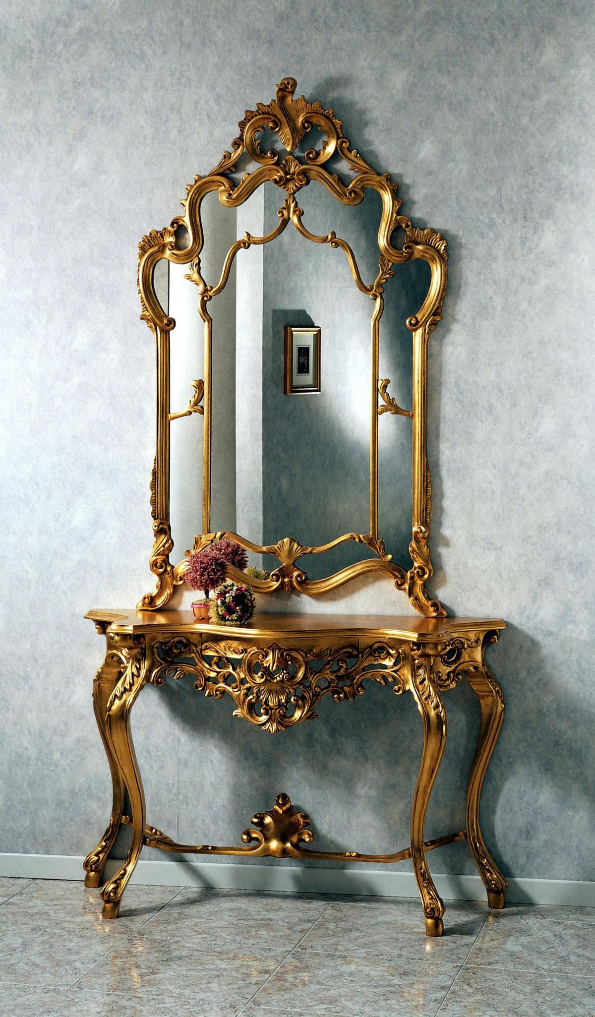 JVmoebel Schminktisch Spiegelkonsole Landhausstil Konsole mit Spiegel Konsolentisch Gold, Made in Europa