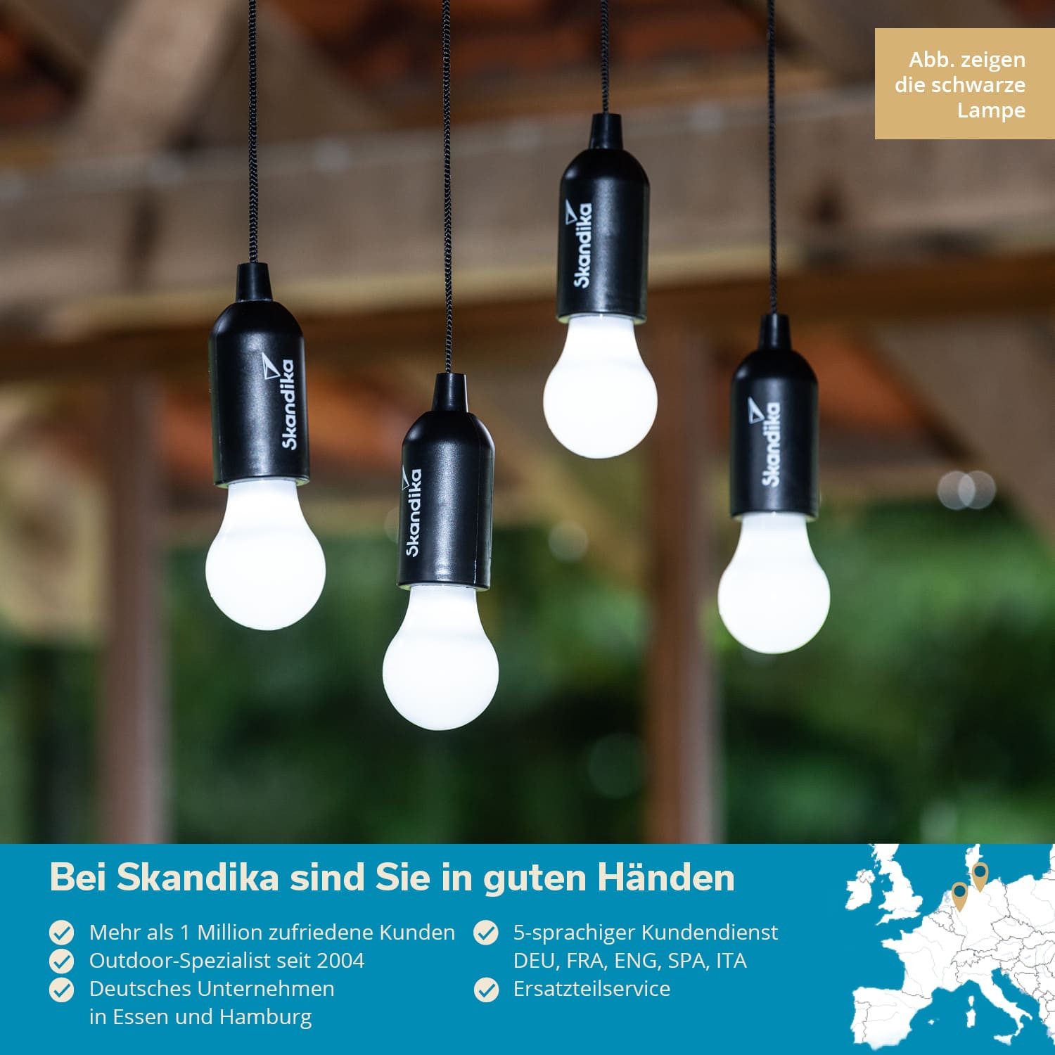 Skandika LED Gartenleuchte Campinglampe Narvik 4er-Set, hängend, tragbare Zeltlampe, Pull Light, batteriebetriebene Glühbirne mit Zugschalter, Outdoor, Keller,  – Bild 5 von 5
