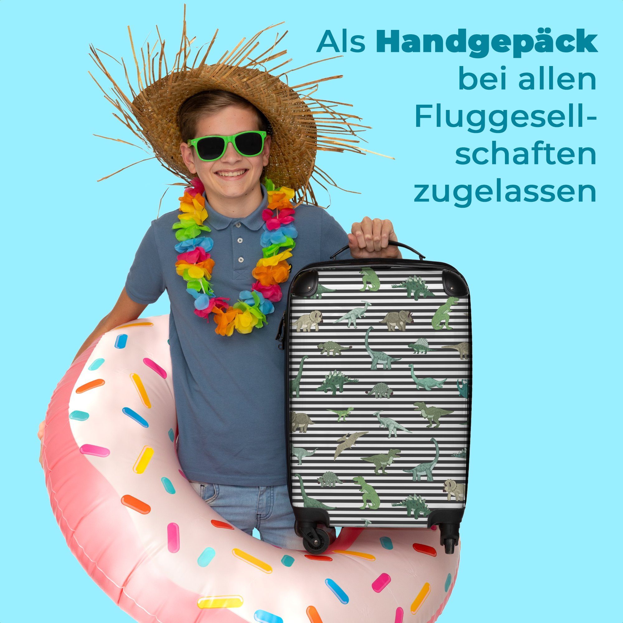 Jungen rollen, NoBoringSuitcases.com© Rollen, Koffer Dino für Ferien, Muster Kind, 55x35x20cm Kindertrolley, - mit - 4 Handgepäck - Reisetasche Kinderkoffer