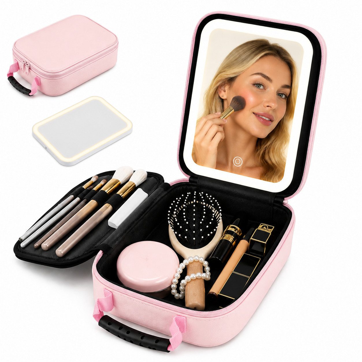 ibettertec Kosmetiktasche LED Kosmetikkoffer mit Spiegel, 3 Lichtfarben, Reise Make-up Tasche (Große Make-up Tasche mit abnehmbarem LED Spiegel, USB-Aufladung und praktischer Fächeraufteilung), für Zuhause & Reisen