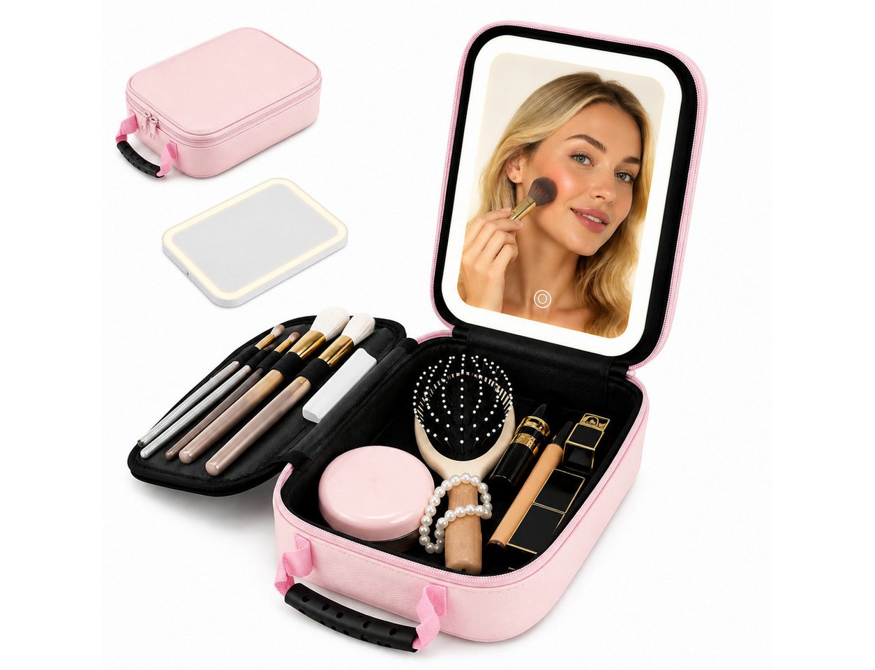 ibettertec Kosmetiktasche LED Kosmetikkoffer mit Spiegel, 3 Lichtfarben, Reise Make-up Tasche (Große Make-up Tasche mit abnehmbarem LED Spiegel, USB-Aufladung und praktischer Fächeraufteilung), für Zuhause & Reisen
