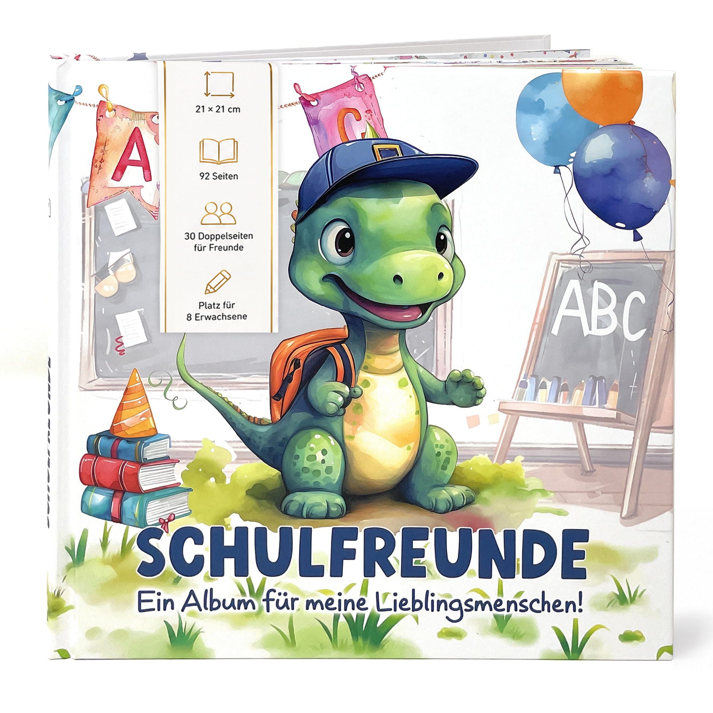 TOBJA Poesiealbum Freundebuch Grundschule Dino 21x21 cm - 30 Freunde, 8 Erwachsene, Dino-Motiv, 92 Seiten, 30 Doppelseiten, FSC®-Papier