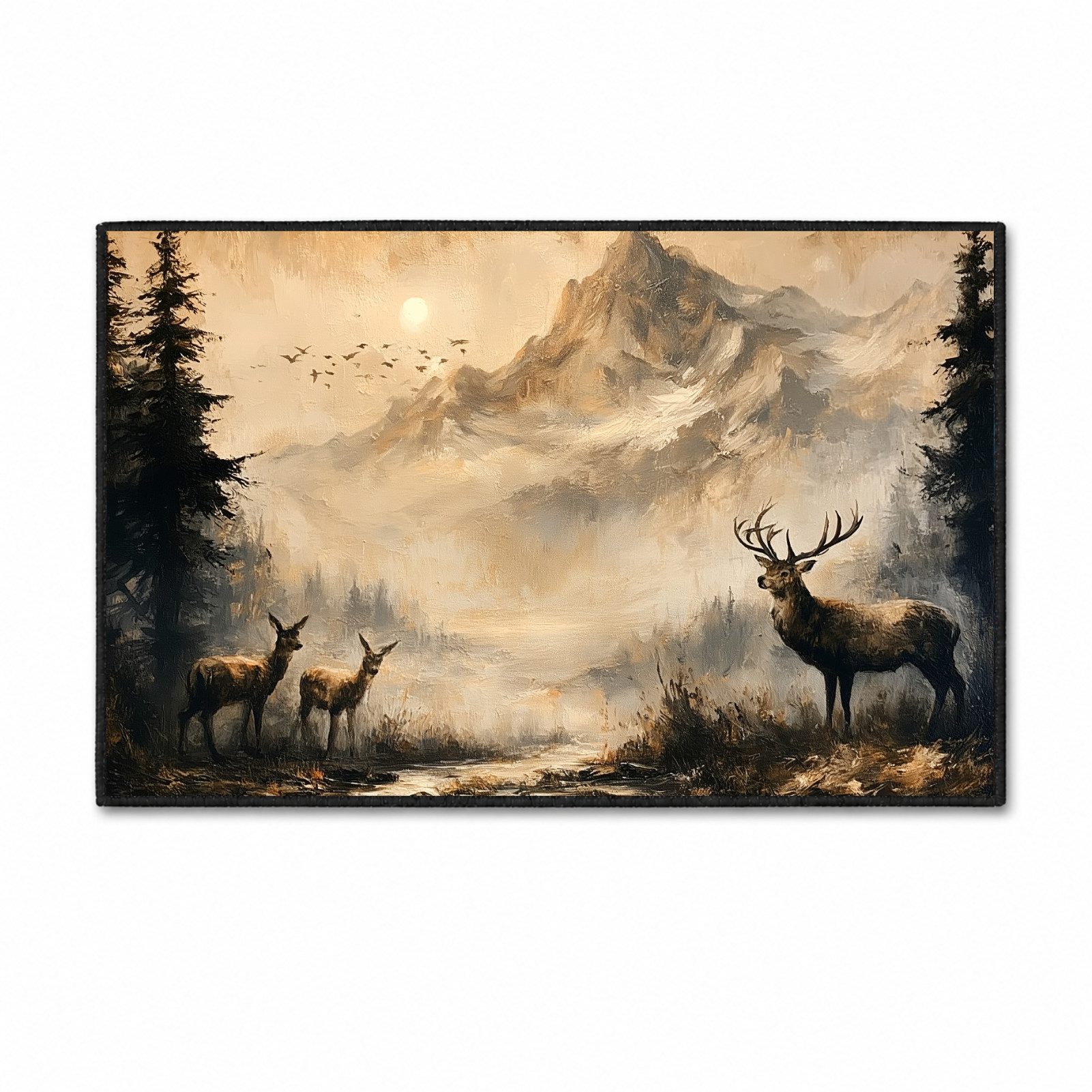 Jumpeak Teppich Hirsch Berglandschaft Teppich Vintage Ölgemälde Motiv, Wald Natur, Rechteckig, Höhe: 5 mm, Kunstteppich, rutschfest Weicher Wohnzimmer Teppich