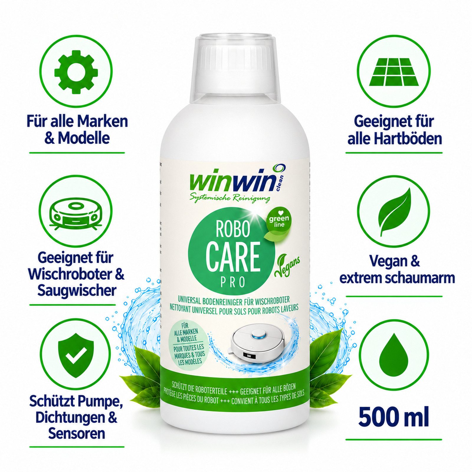 winwinCLEAN RoboCARE PRO Reinigungsmittel für Saugroboter mit Wischfunktion Fussbodenreiniger (1x winwinCLEAN RoboCARE PRO 500ml vegane I schaumarme Bodenwischreinigung von Hartböden aller Art)