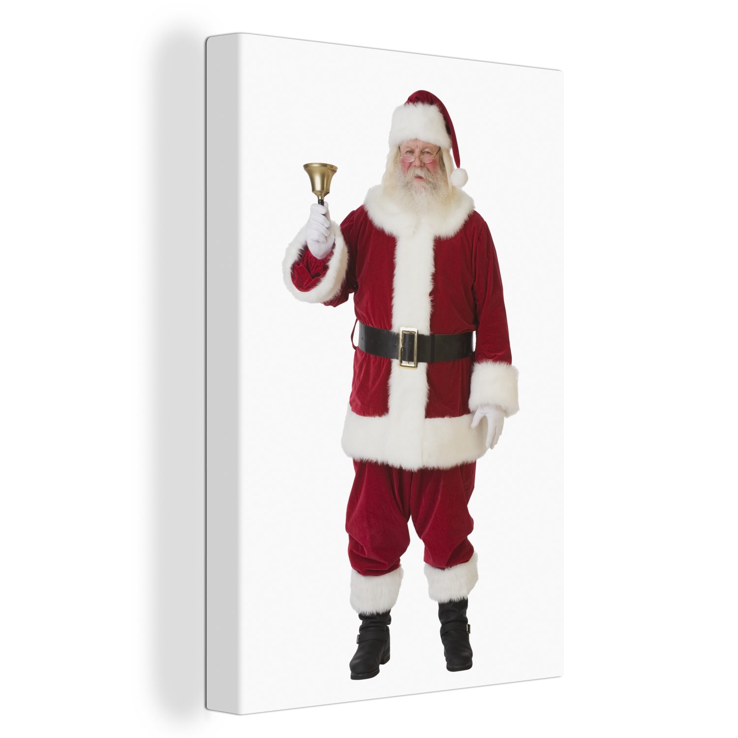 OneMillionCanvasses® Leinwandbild Der ikonische Weihnachtsmann läutet seine Glocke auf einem weißen, (1 St), Leinwandbild fertig bespannt inkl. Zackenaufhänger, Gemälde, 20x30 cm