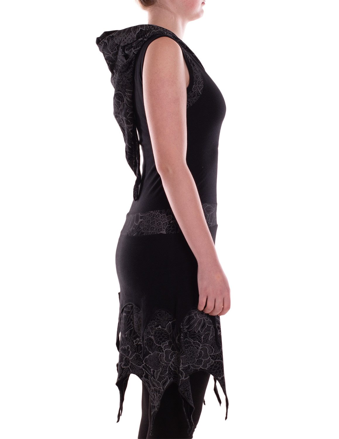 Vishes Sommerkleid Damen Kleid Baumwolle Blumen-Muster Asymmetrisch mit Kapuze Alternative Bekleidung, Ethno, Hippie, Retro Style
