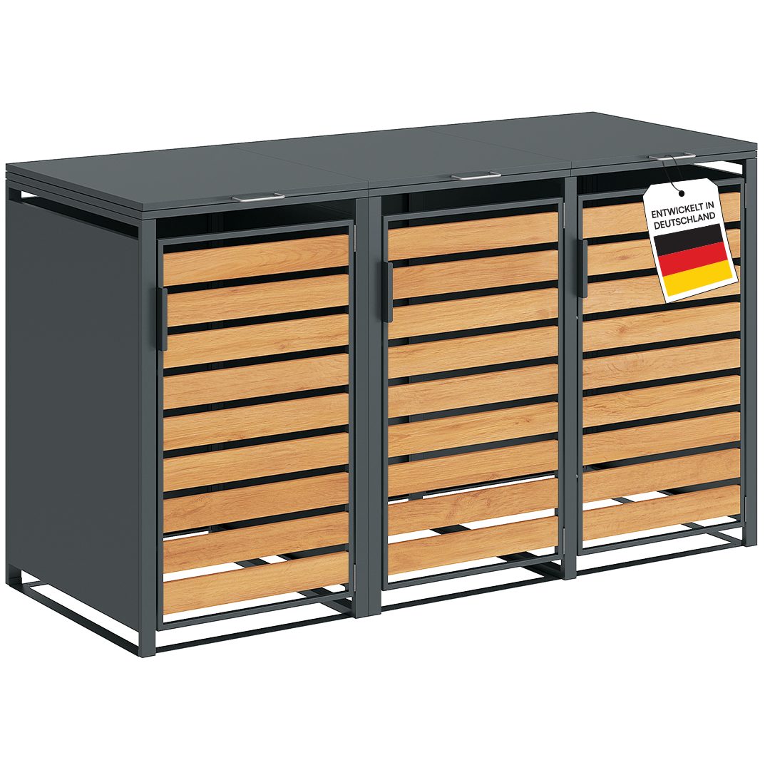 STEELSØN Mülltonnenbox Kestra 120L aus verzinktem Stahl (Anthrazit/Holz, Für 3 Tonnen), verfügbar mit 1, 2, 3, 4 oder 5 Türen, mit Sichtstreifen Holzoptik