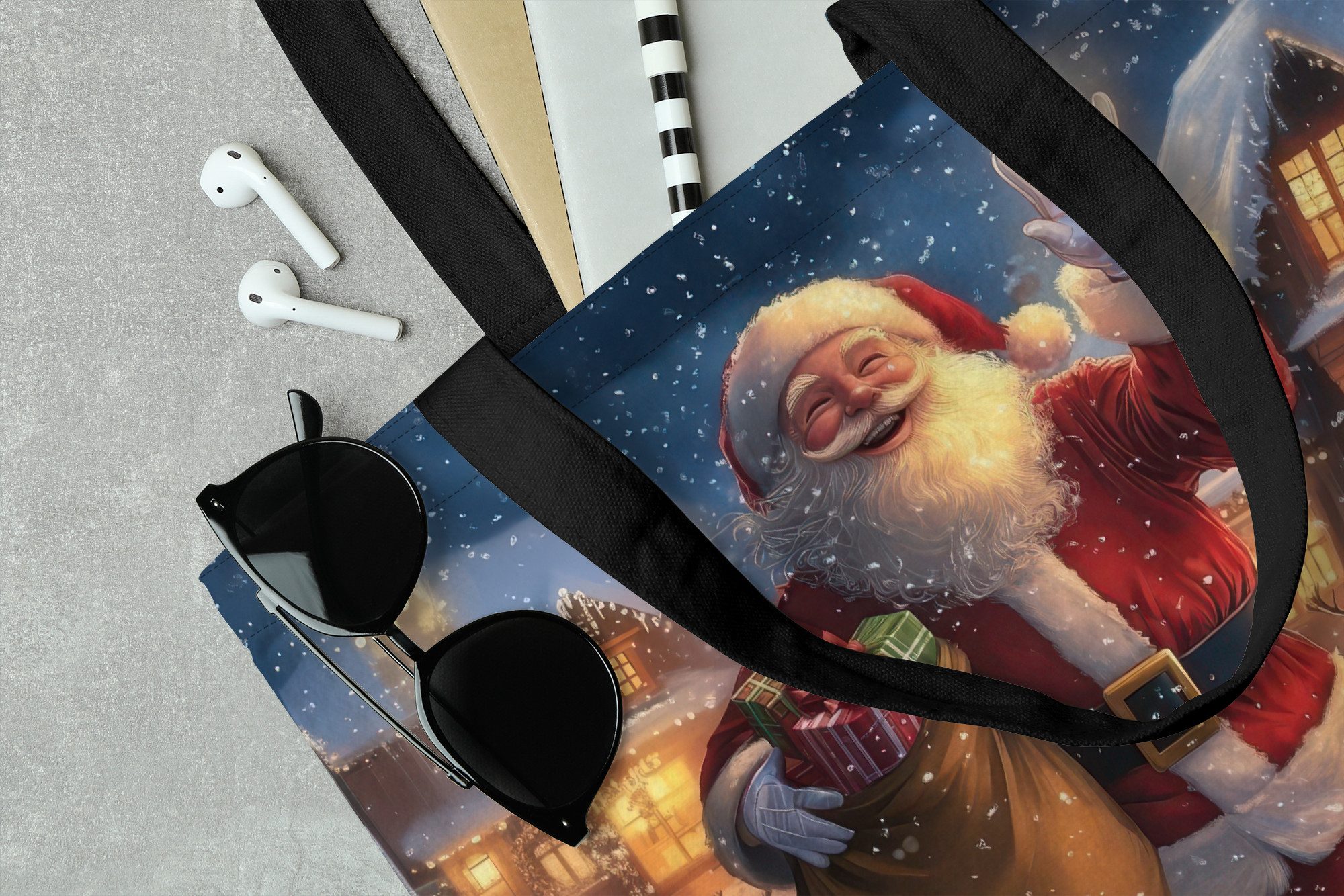 MuchoWow Shopper Weihnachtsmann - Dorf - Hirsche - Dunkelheit, Handtasche, Damen und Herren, Schultertasche, Umhängetasche, Tote Bag – Bild 2 von 5