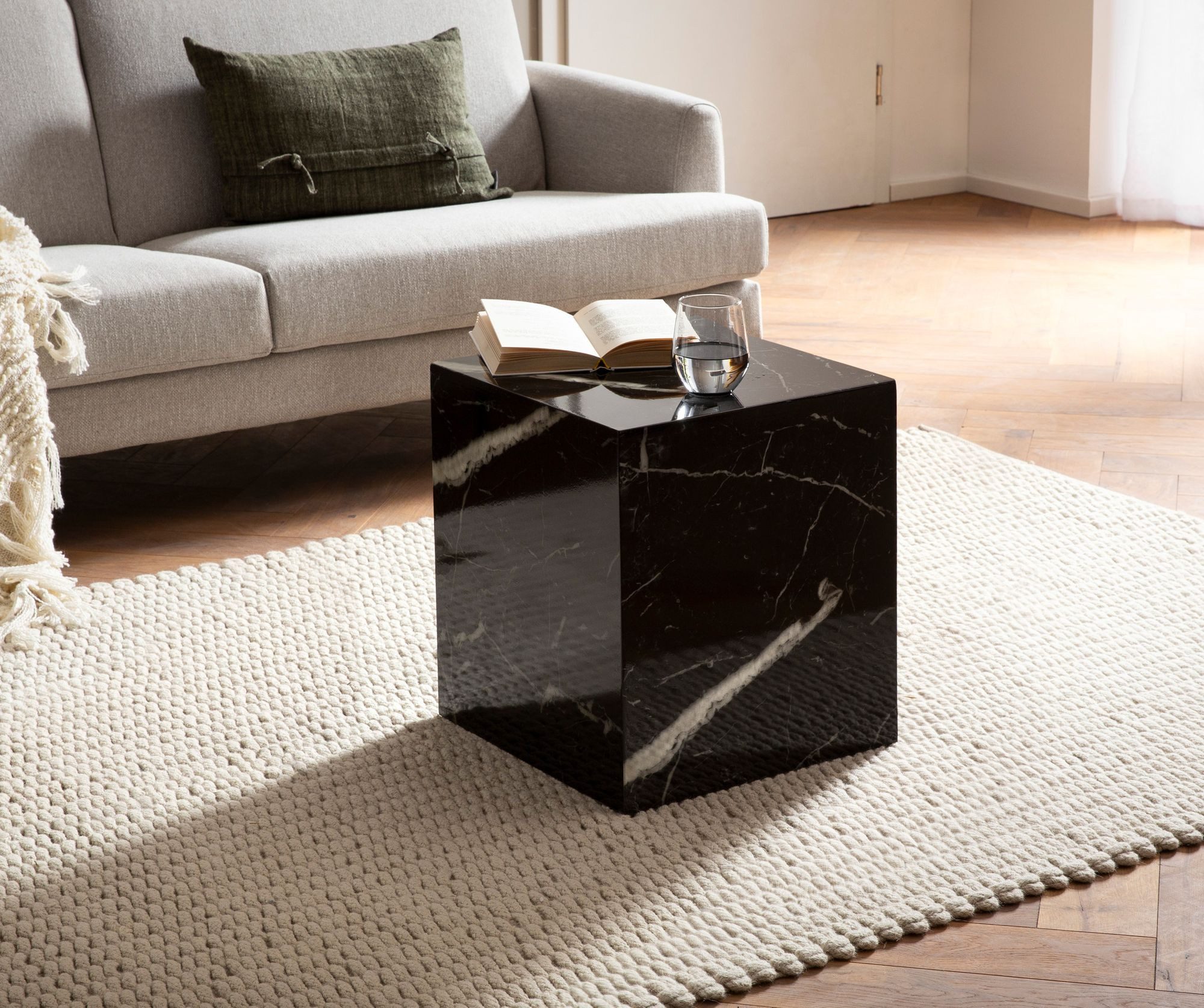 FINEBUY Couchtisch FB57435 Sofatisch MONOBLOC Marmor Optik 40x40x45 cm Wohnzimmertisch (MONOBLOC 40x40x45 cm MDF Hochglanz Marmor Optik), Sofatisch Schwarz, Kaffeetisch Klein Quadratisch