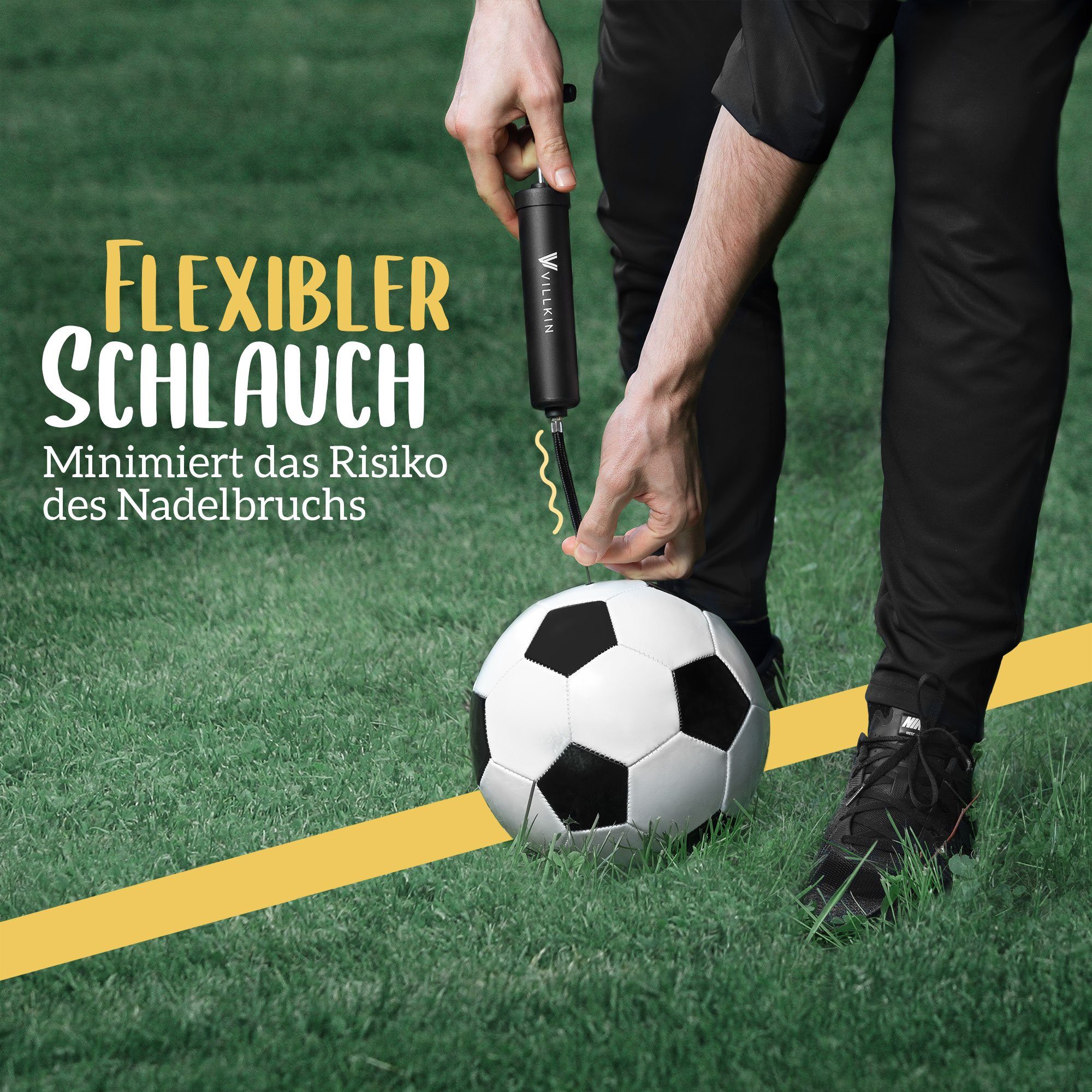 Villkin Luftpumpe - Ballpumpe, Handpumpe, Sportpumpe, Kompaktpumpe, Taschenpumpe (20cm) (1-tlg., Pumpe mit 4x Metallnadeln, 2x Kunsstoffnadeln und flexiblem Schlauch), kompakt