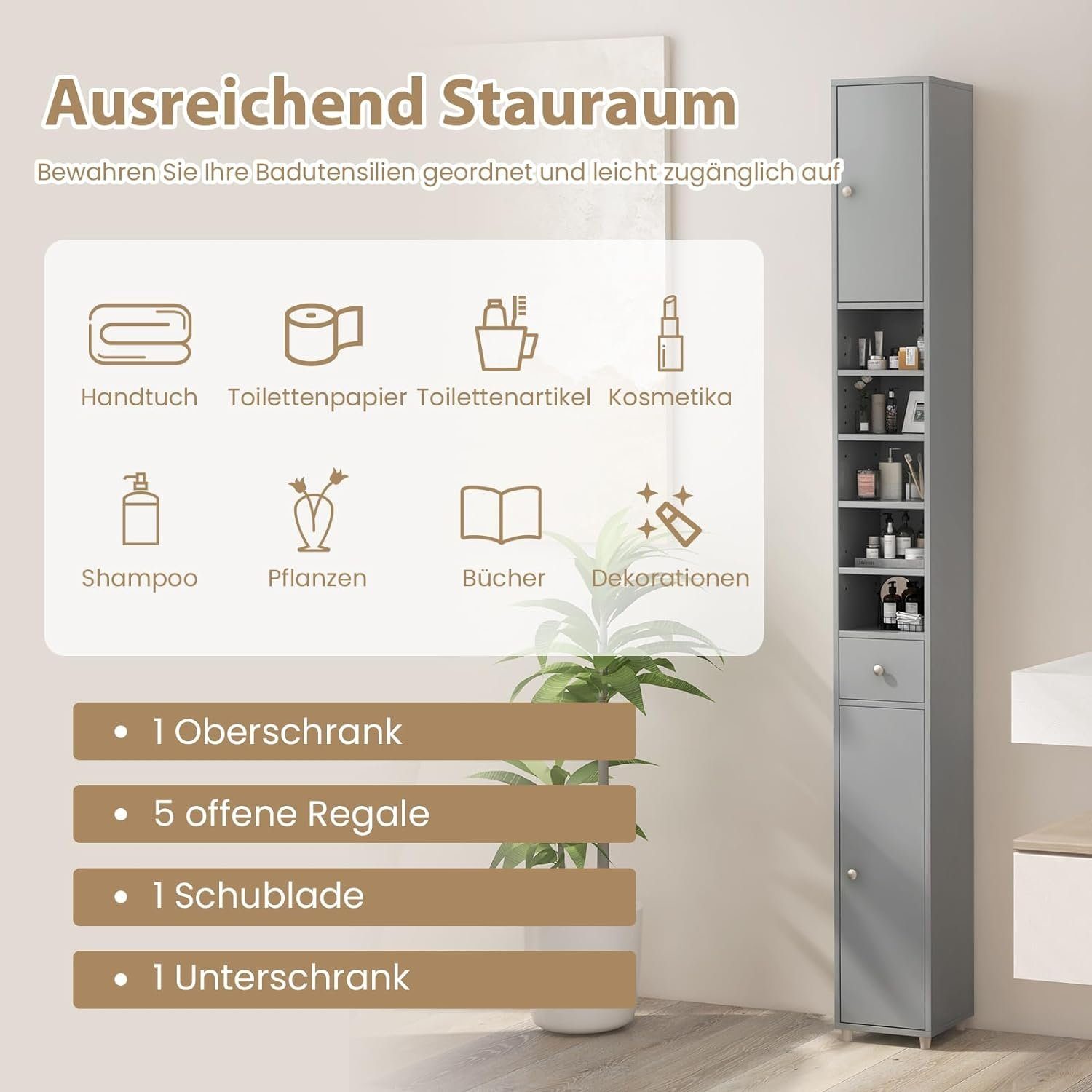 KOMFOTTEU Hochschrank Badezimmerschrank mit Schublade, Türen günstig online kaufen