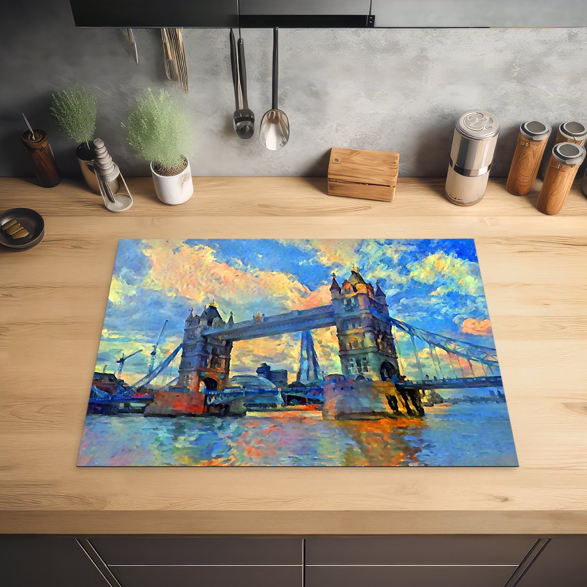 London Ceranfeldabdeckung - Gemälde Herdblende-/Abdeckplatte - Brücke tlg), cm, Arbeitsfläche nutzbar, Vinyl, (1 70x52 Öl, - MuchoWow Mobile