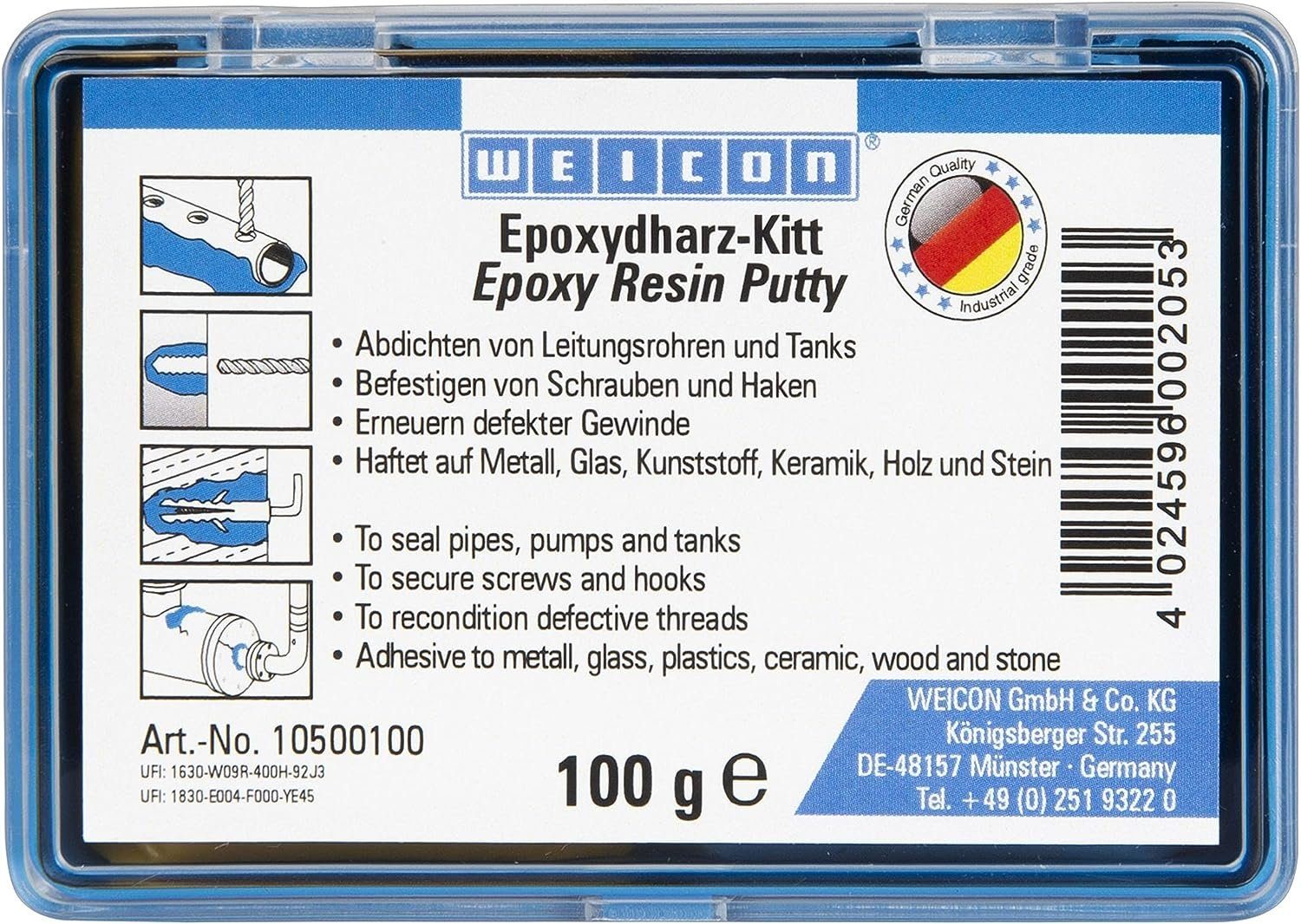 WEICON Dichtungskitt Epoxidharz-Kitt, knetbare Universal-Reparaturmasse, grün, epoxydharz-basierte Knetmasse, (Set)