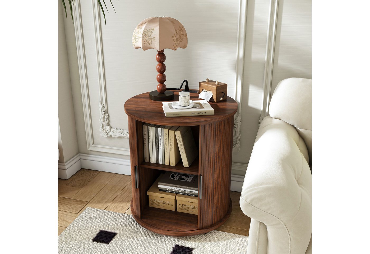 Luckice Nachttisch Mid-Century zylindrisch mit Ladestation, Schiebetür (rollbar, 60x60x60 cm, Walnuss Optik)