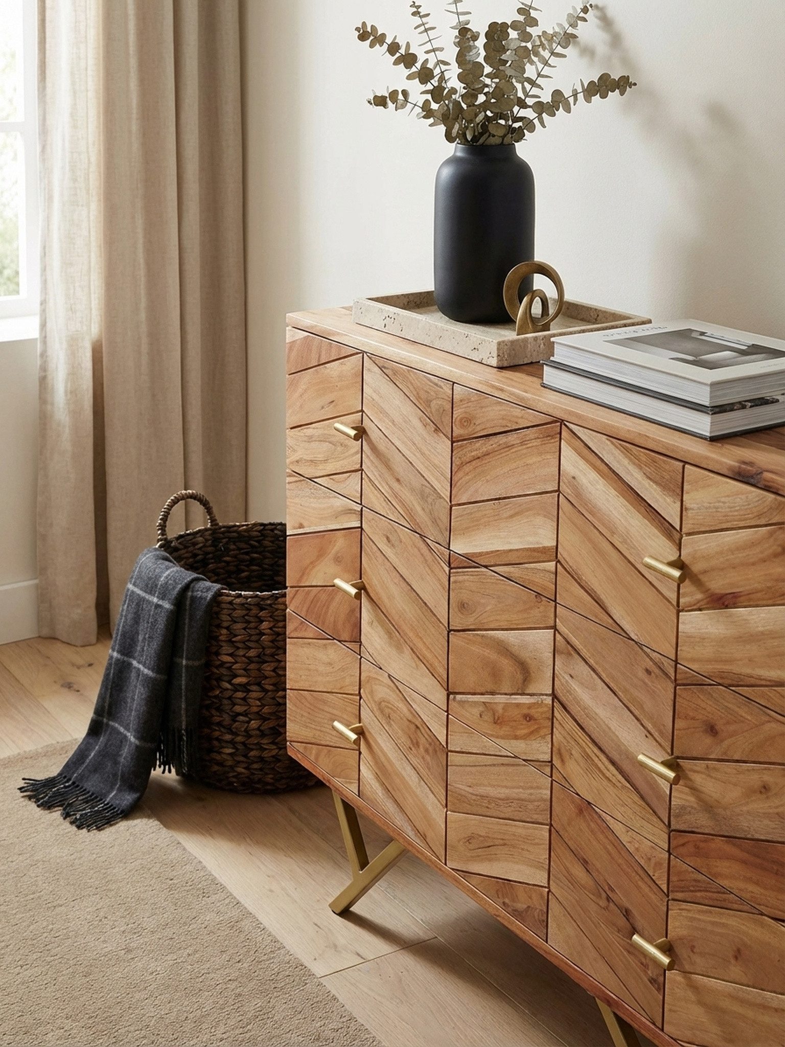KADIMA DESIGN Kommode Sideboard 90x86,5x40 cm Akazie Massivholz / Metall Anrichte, Kommode (Wohnzimmer), 3 Schubladen, Hoher Kommodenschrank Holz Massiv, Standschrank