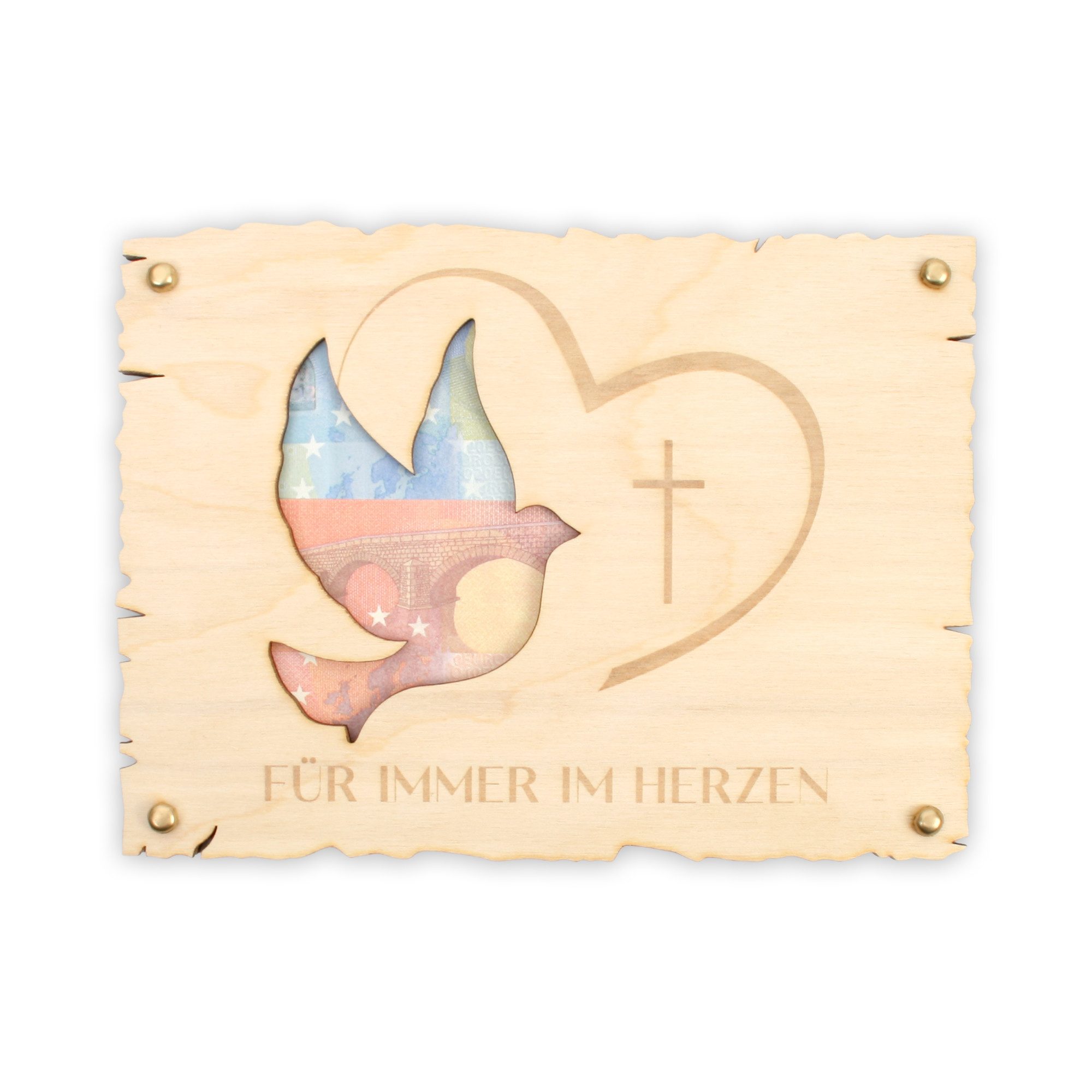 Kreative Feder Beileidskarte Besondere Trauerkarte aus Holz zum Abschied, "Für immer im Herzen" - handgefertigte Beileidskarte (ca.14,6x19,7cm)