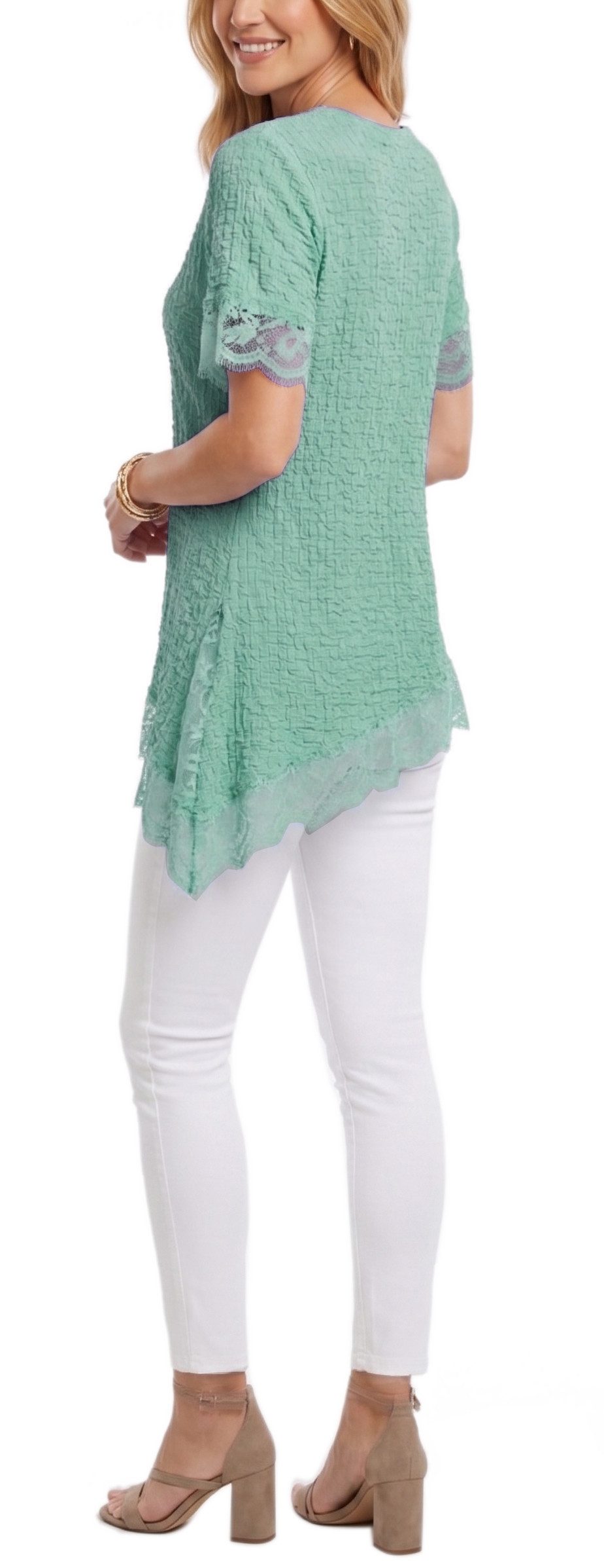 dy_mode Longtunika Damen Longshirt mit Spitzen Kurzarm Tunika in Knitter-Optik Oberteil in Unifarbe, Knitter-Optik, asymmetrisch mit Spitzen-Saum