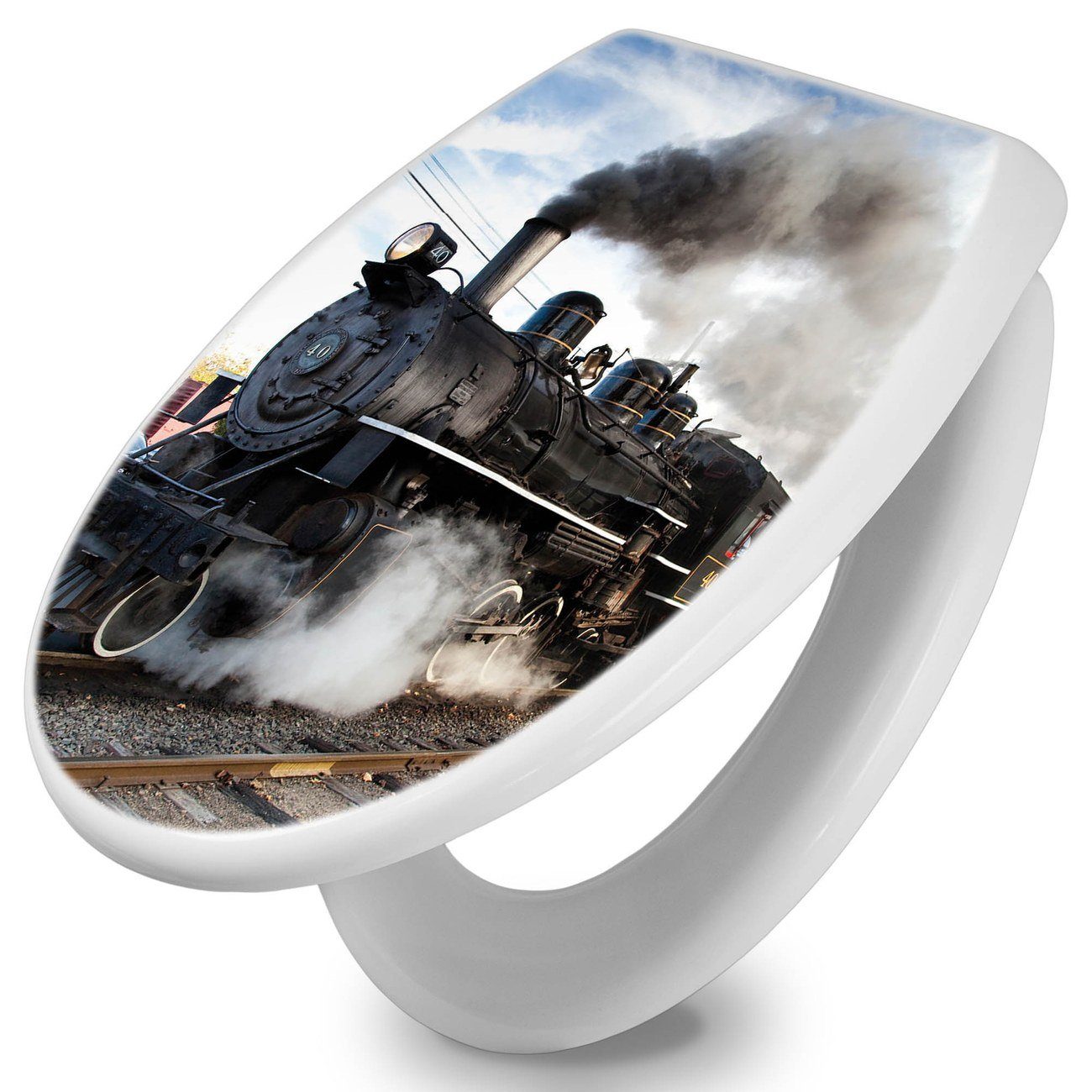 banjado WC-Sitz mit Absenkautomatik Motiv Dampflok (umweltfreundliches Material, integrierte Scharniere), 44,5 x 37 x 5 cm
