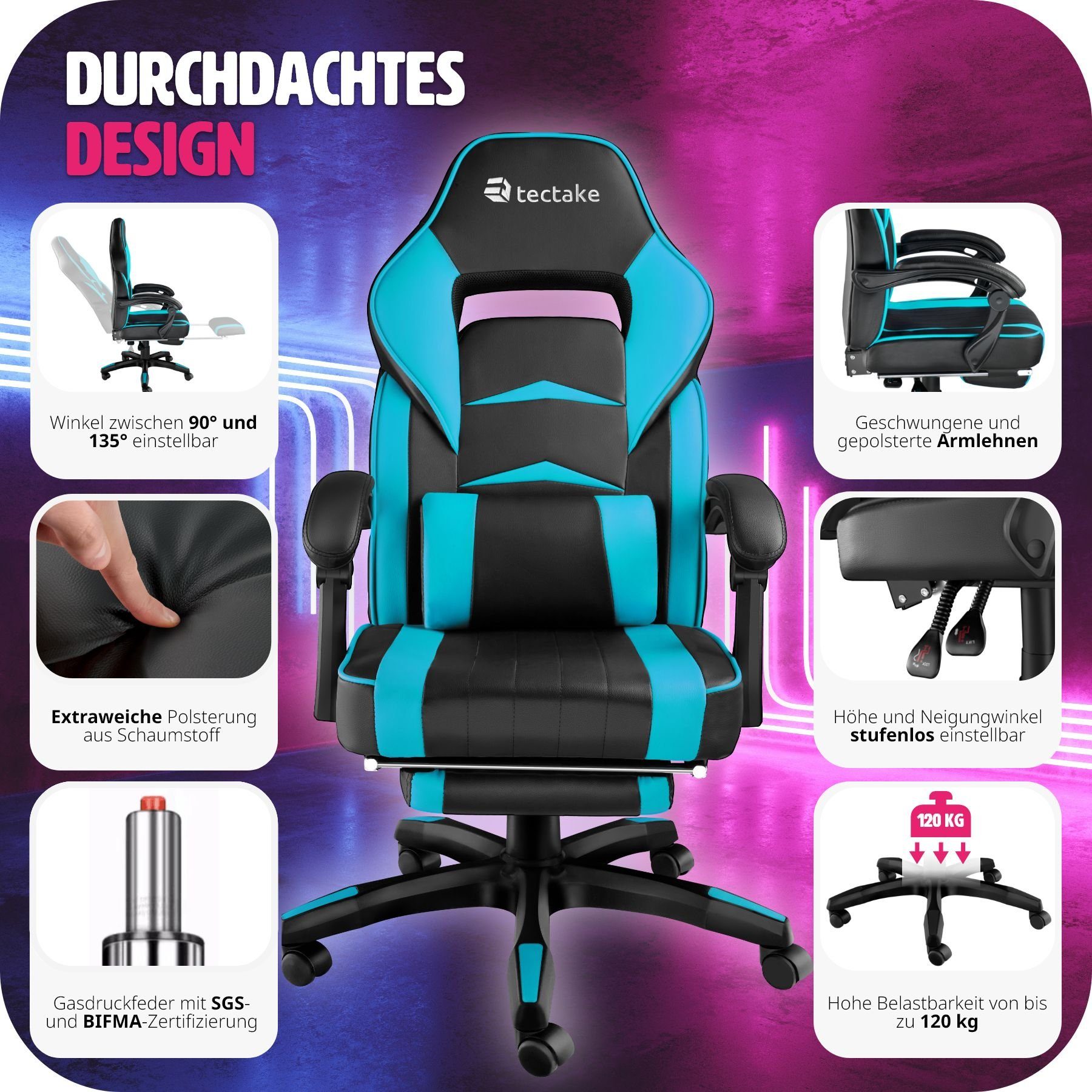 tectake Gaming-Stuhl Comodo (1er, schwarz/azur Fußstütze St), 1