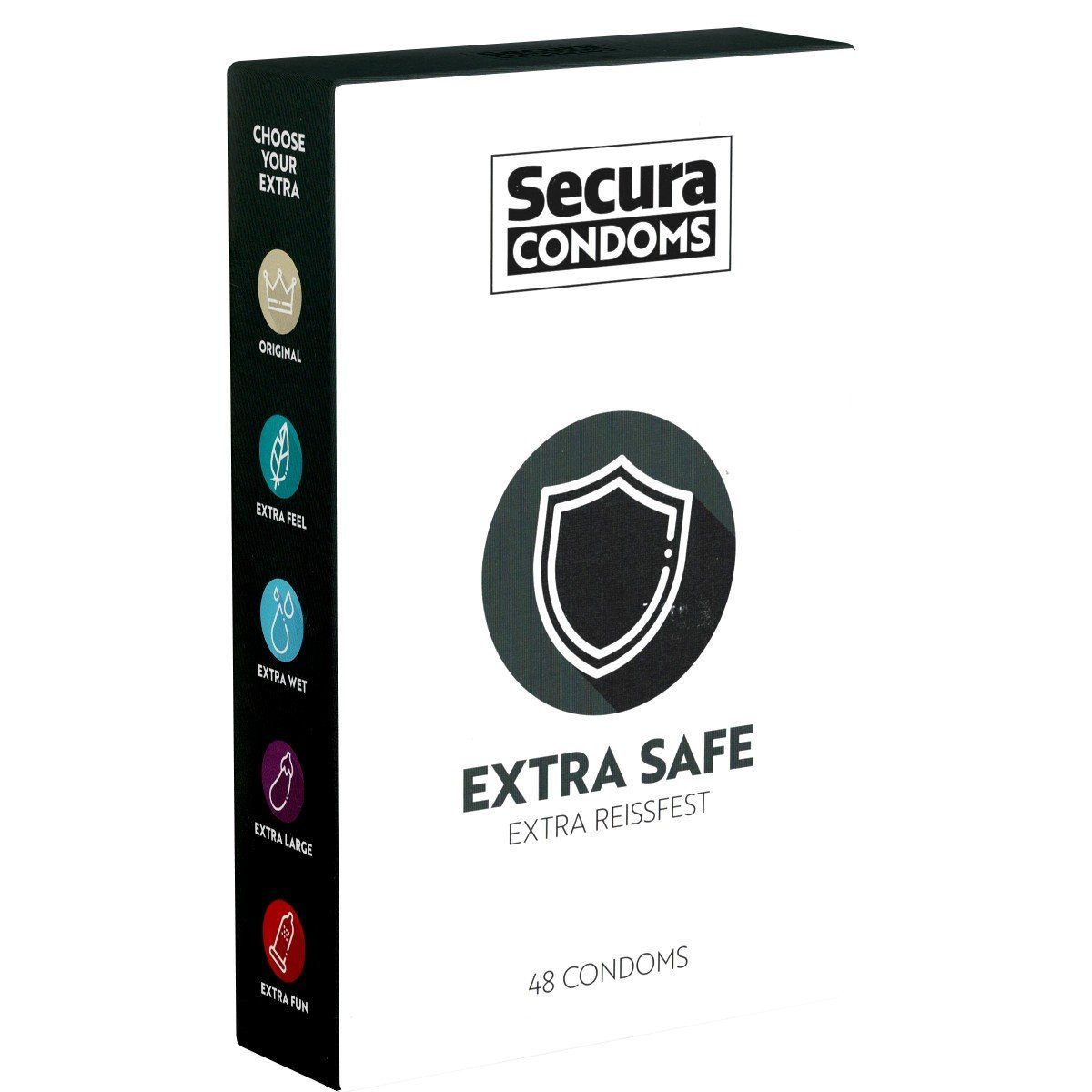 Secura Kondome Extra Safe Kondome mit dickerer Wandstärke, Packung mit, 48 St., verstärkte Kondome für längeren Spaß im Bett - auch für Anal, extra dicke Kondome für besondere Sicherheit