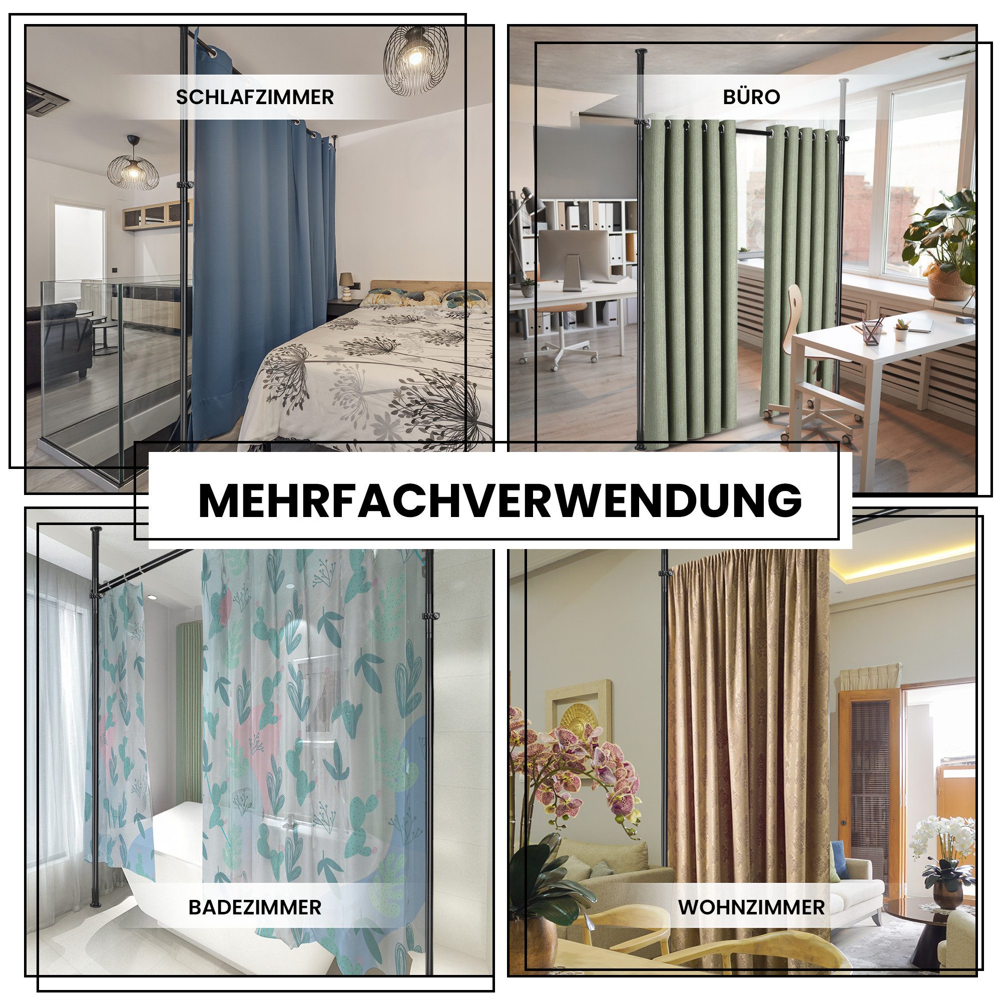 Kraus-Magazin Raumteiler flexibel verstellbares Paraventgestell, Gardinenstange, ohne Bohren, teleskopische Spannstangen, individuell einstellbar – Bild 5 von 5