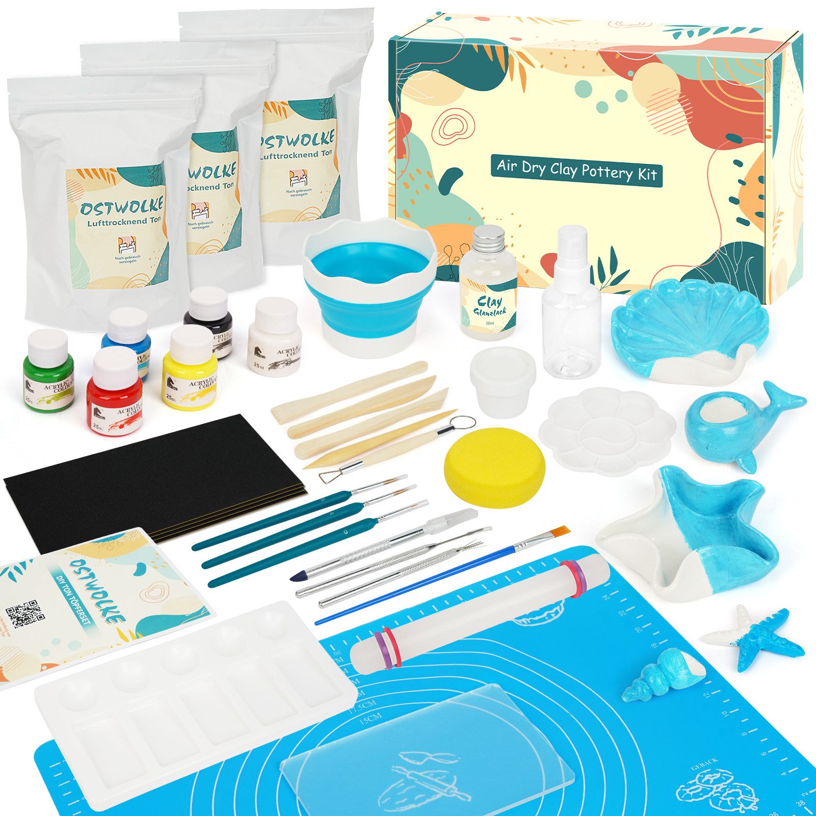 OSTWOLKE Modelliermasse DIY Töpferset für Anfänger für zuhause Lufttrocknend Pottery Set, mit Anleitung