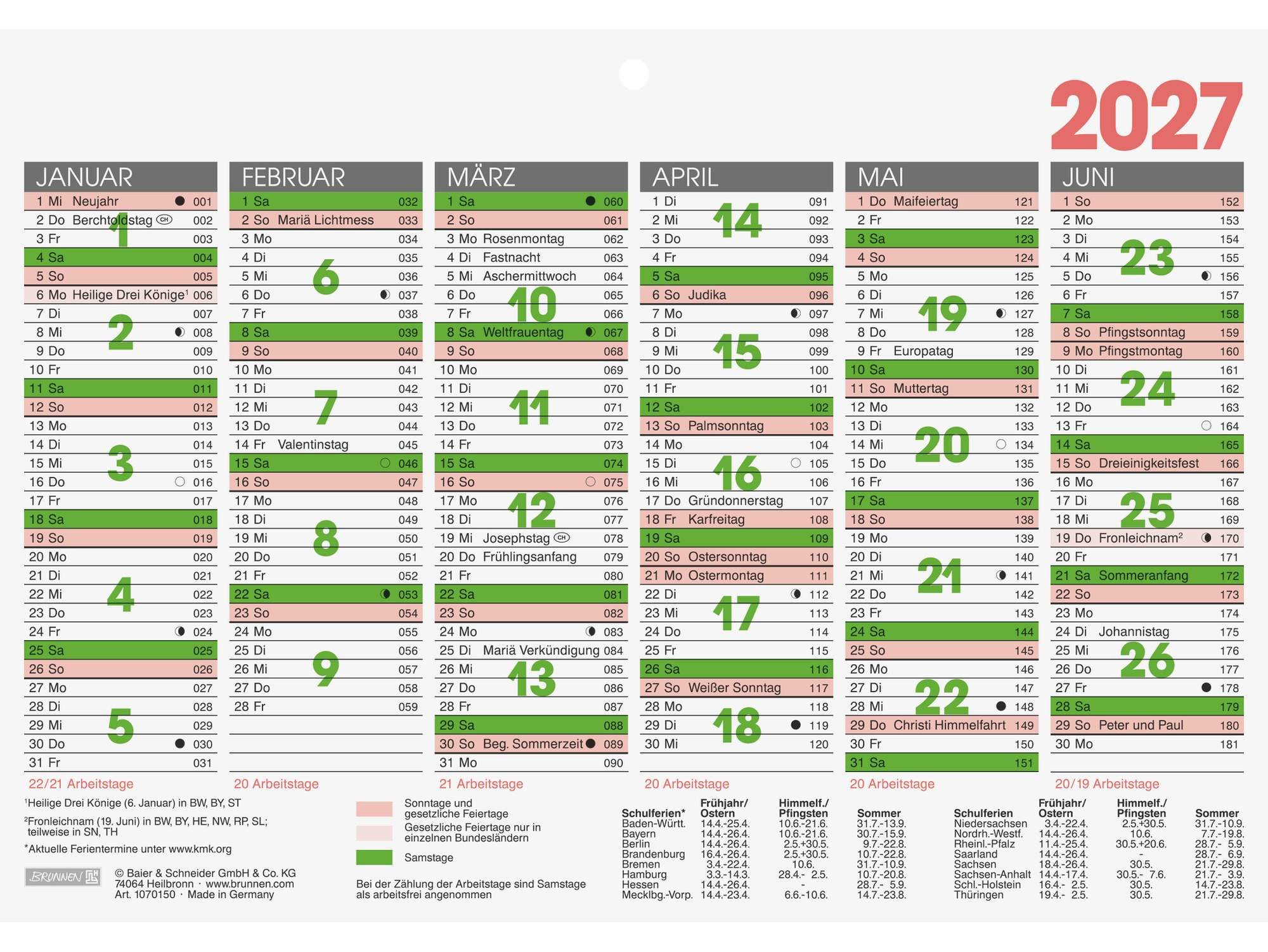 BRUNNEN Terminplaner Tafelkalender A5quer 2027
