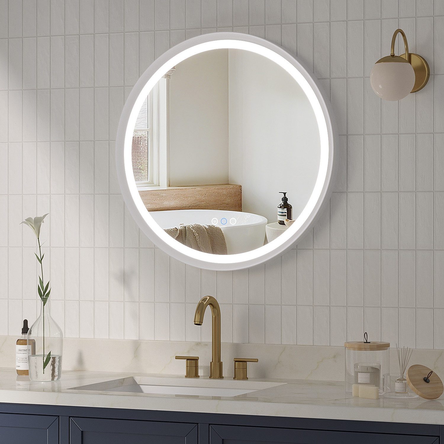 AQUALAVOS Rahmenspiegel-rund Badspiegel mit Beleuchtung Rund 60 cm Aluminiumrahmen Touch Schalter, LED Beleuchtung Dimmbar Kaltweiß & Warmweiß Touchschalter Alu-Rahmen