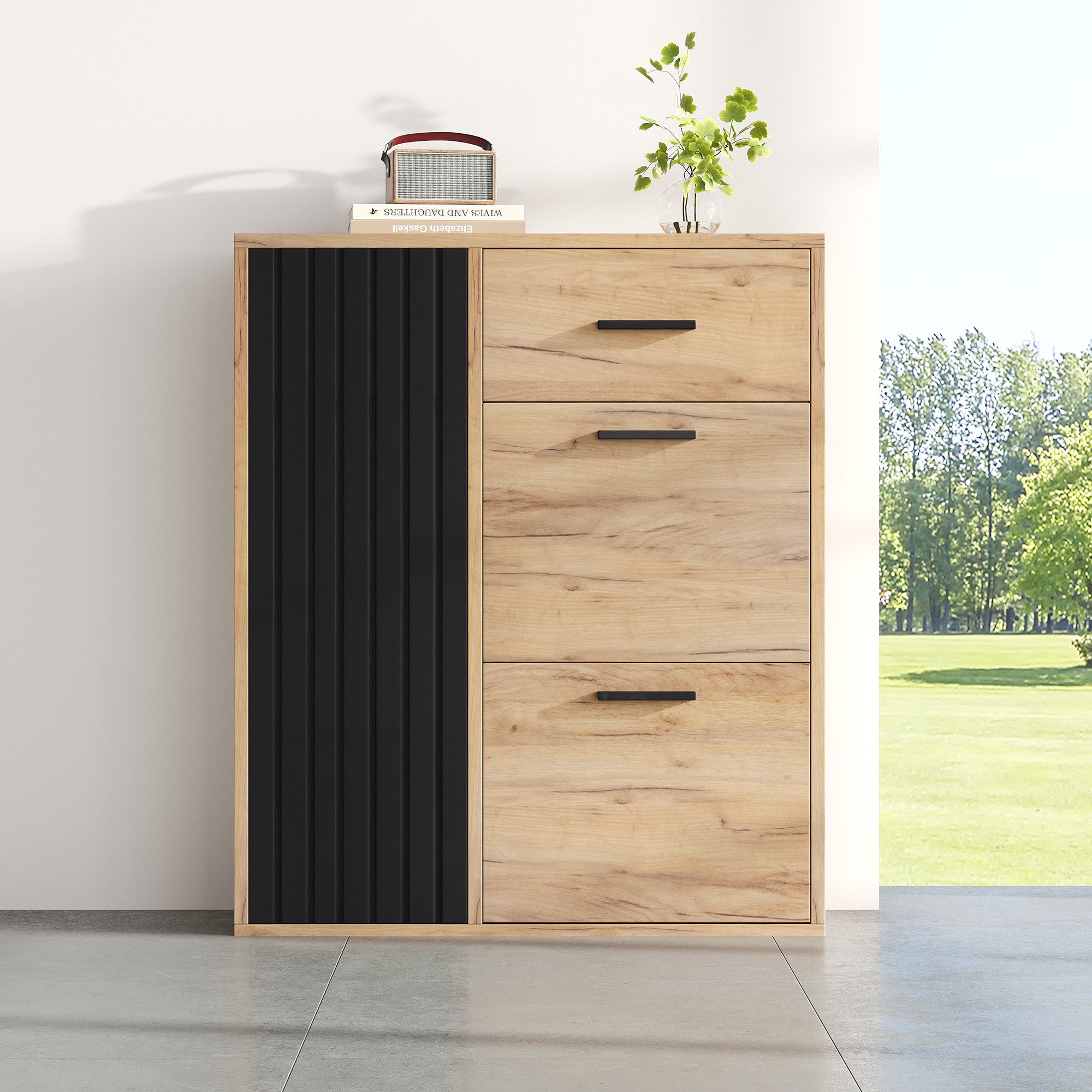 Flieks Schuhschrank Schuhkommode mit 2 Klappen, 1 Schubladen und 1 Türen (1-St., B80/T24/H95,5 cm) Schuhkipper mit verstellbarer Einlegeböden Schuhregal in Holzoptik