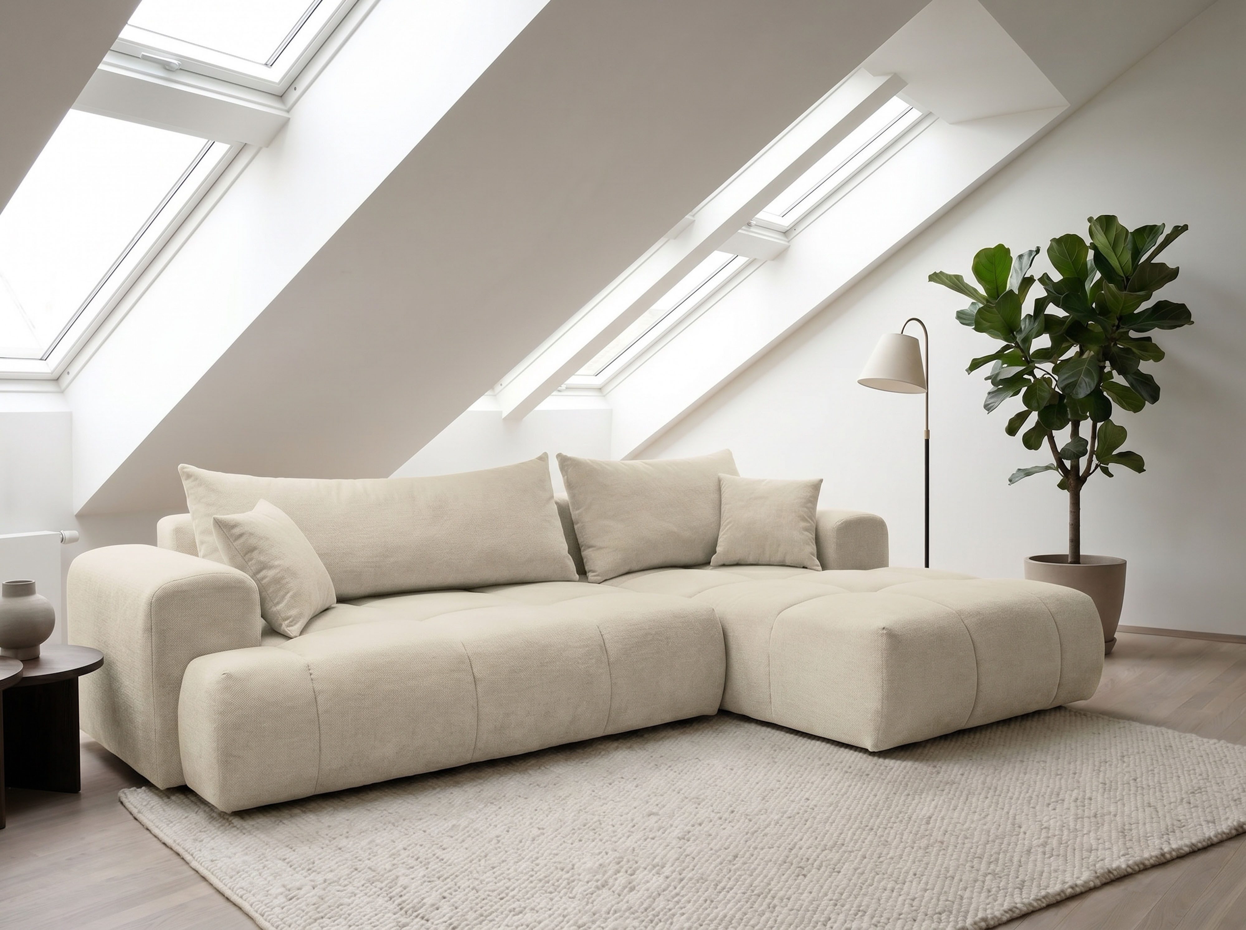 WERK2 Ecksofa Ewela-Bubble 265 x 145 cm modern und bequem, Bouclé, L-Form, Schlaffunktion, Bettkasten