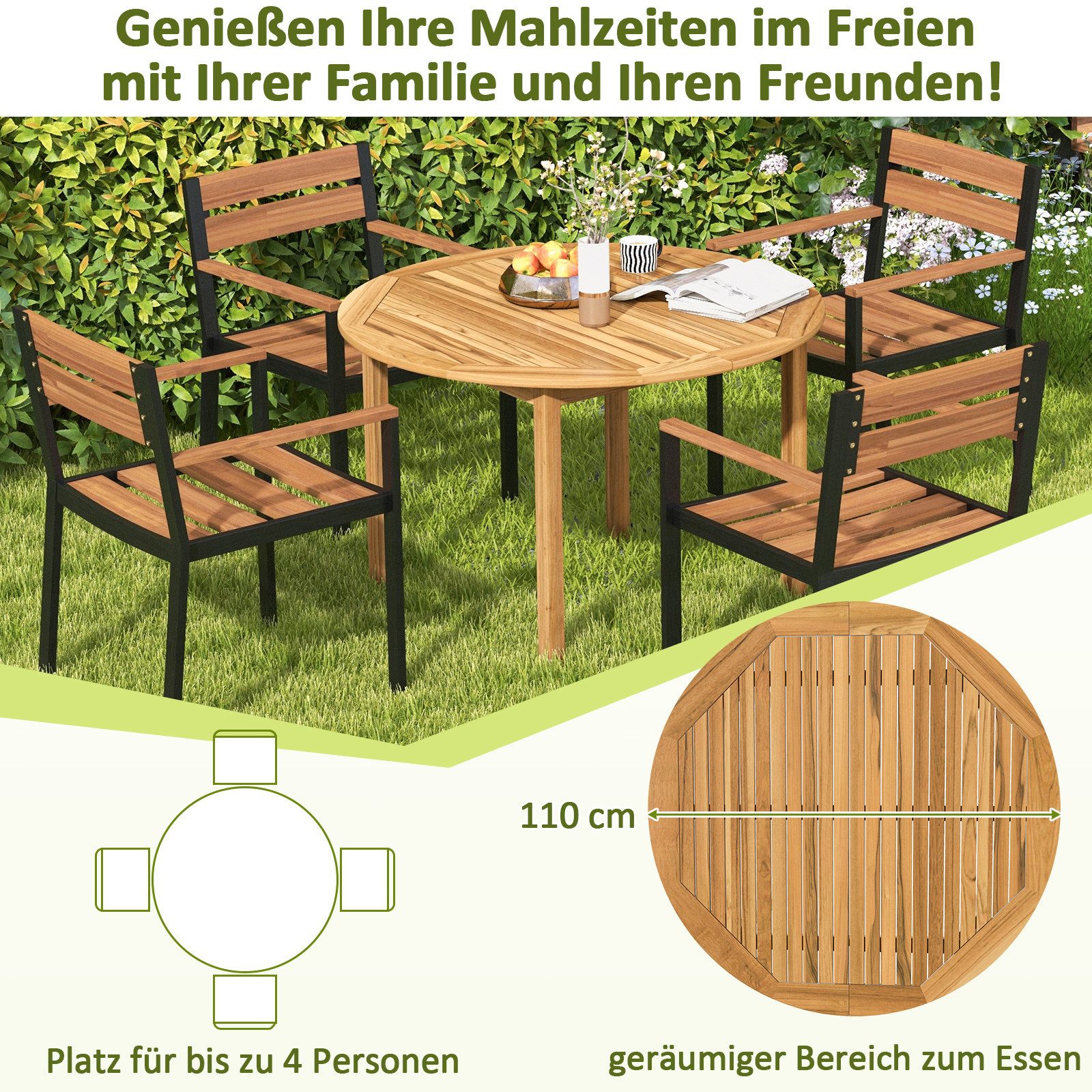 COSTWAY Gartentisch, rund, Esstisch 4 Personen, Akazienholz, wetterfest
