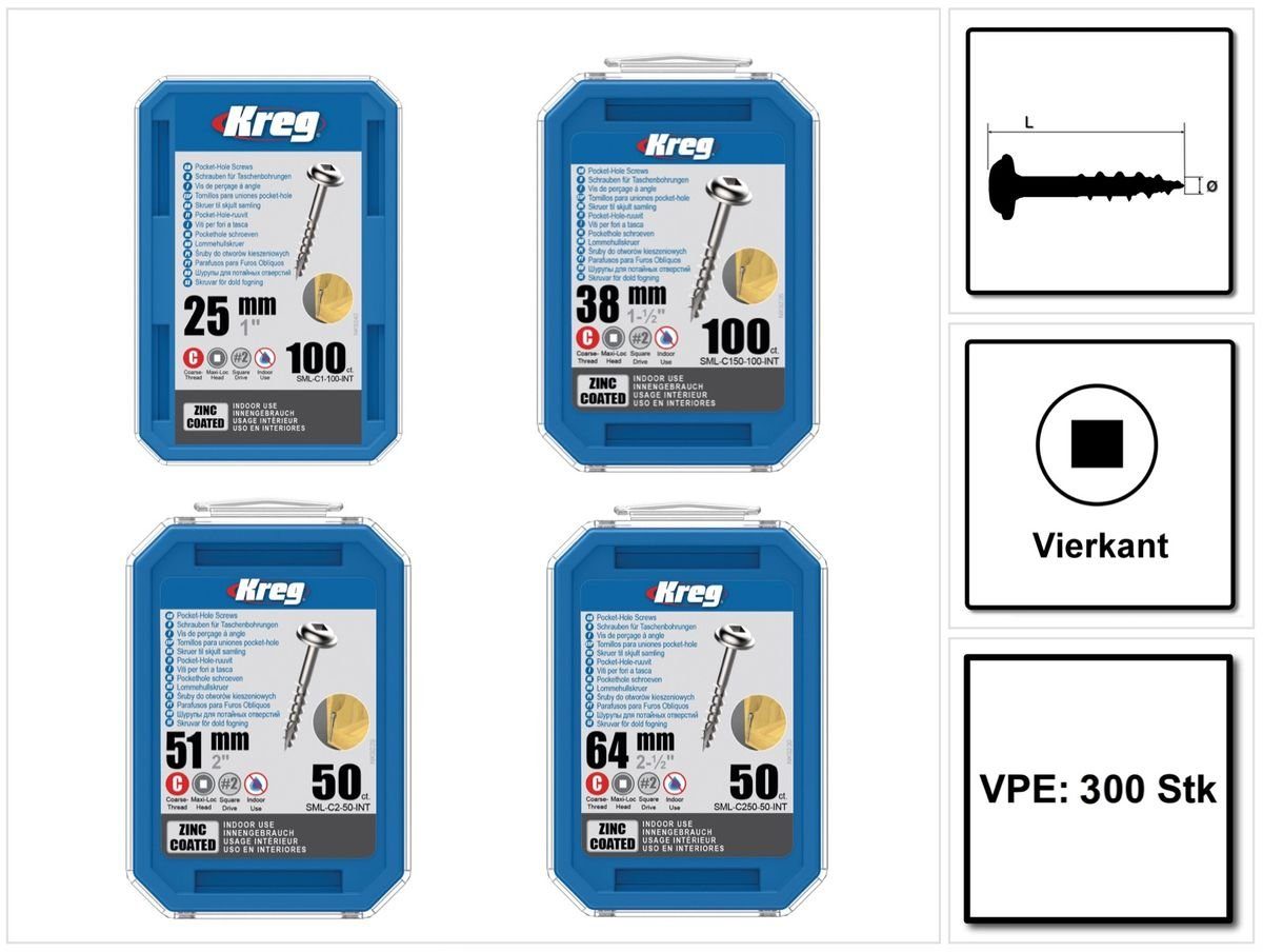 Kreg Schraube Pocket-Hole Linsenkopfschrauben SML-C Starter Set 300 Stk für den Inn