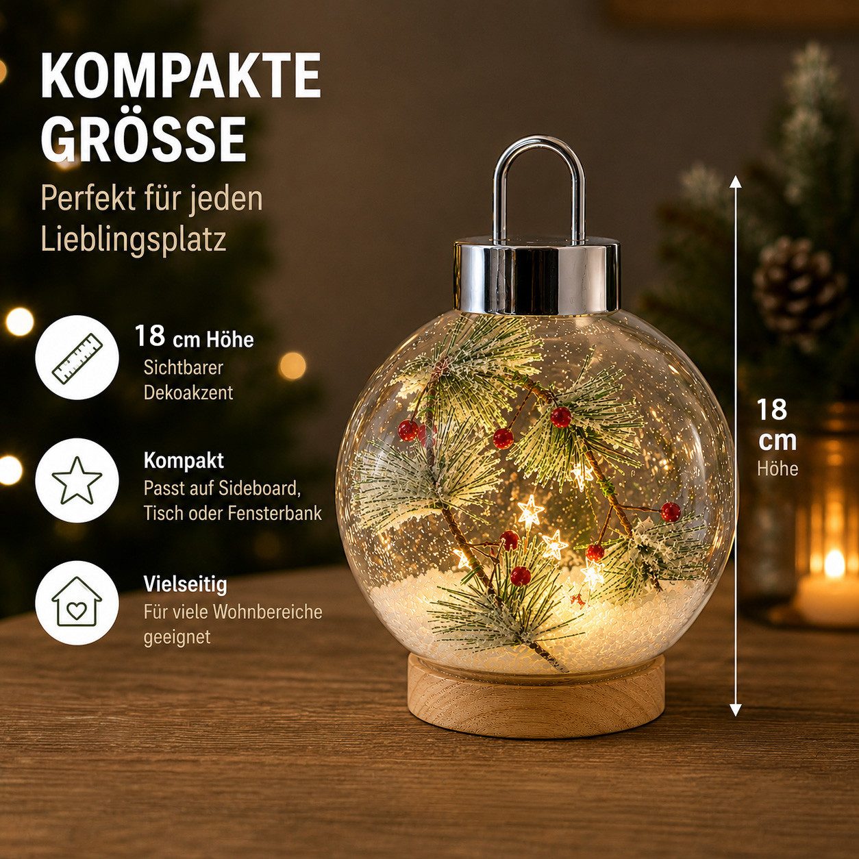 formano LED Dekolicht LED Glaskugel Tannenzweige 18 cm Holzsockel Timer Weihnachtsdeko, LED fest integriert – Bild 4 von 5