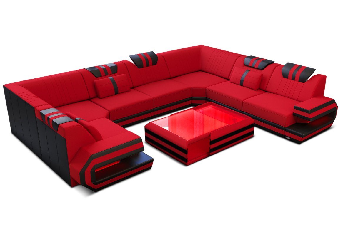 Form Polster Sofa Ragusa mit Dreams Wohnlandschaft Sofa Stoffsofa, Couch Design M wahlweise Stoff rot-schwarz Mikrofaser U Hocker