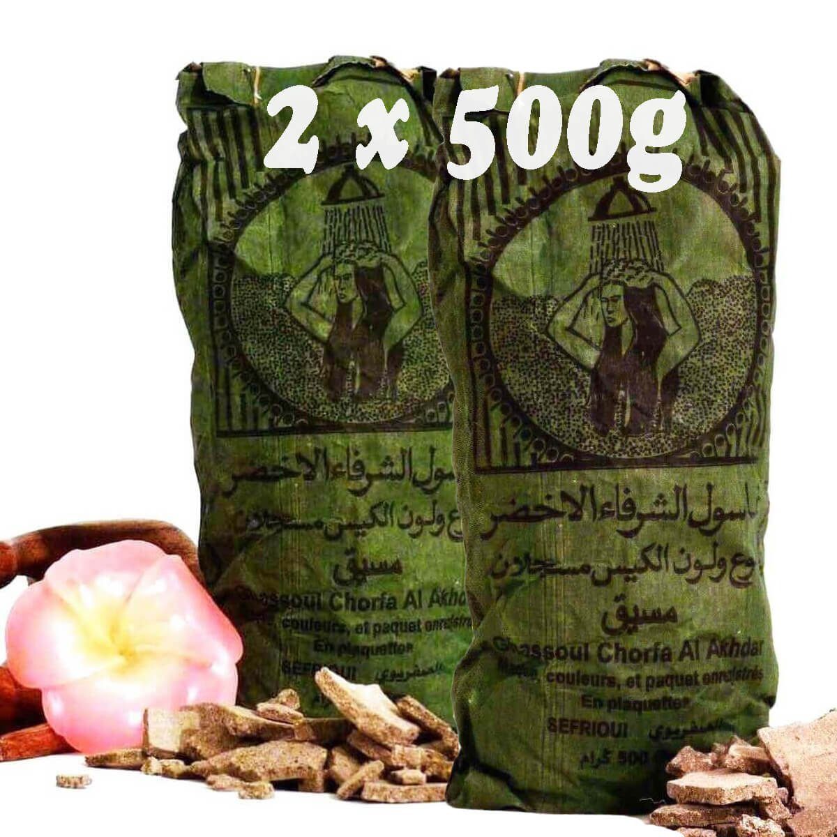 2-in-1 Gesichtswasser und Peeling Ghassoul Wascherde Körper & Haare 2 x 500 gr Orignal marok. Lavaerde