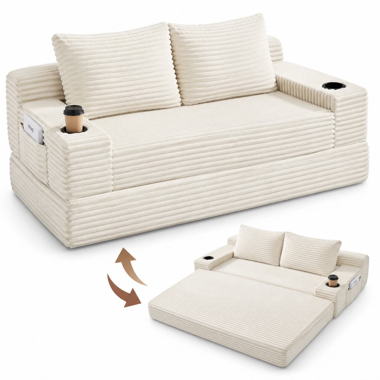ANYSUN Schlafsofa 2-Sitzer aus Cord mit Schlaffunktion,2 Getränkehaltern & Seitentaschen, 2-in-1 klappbar mit 2 Zierkissen & großzügiger Liegefläche