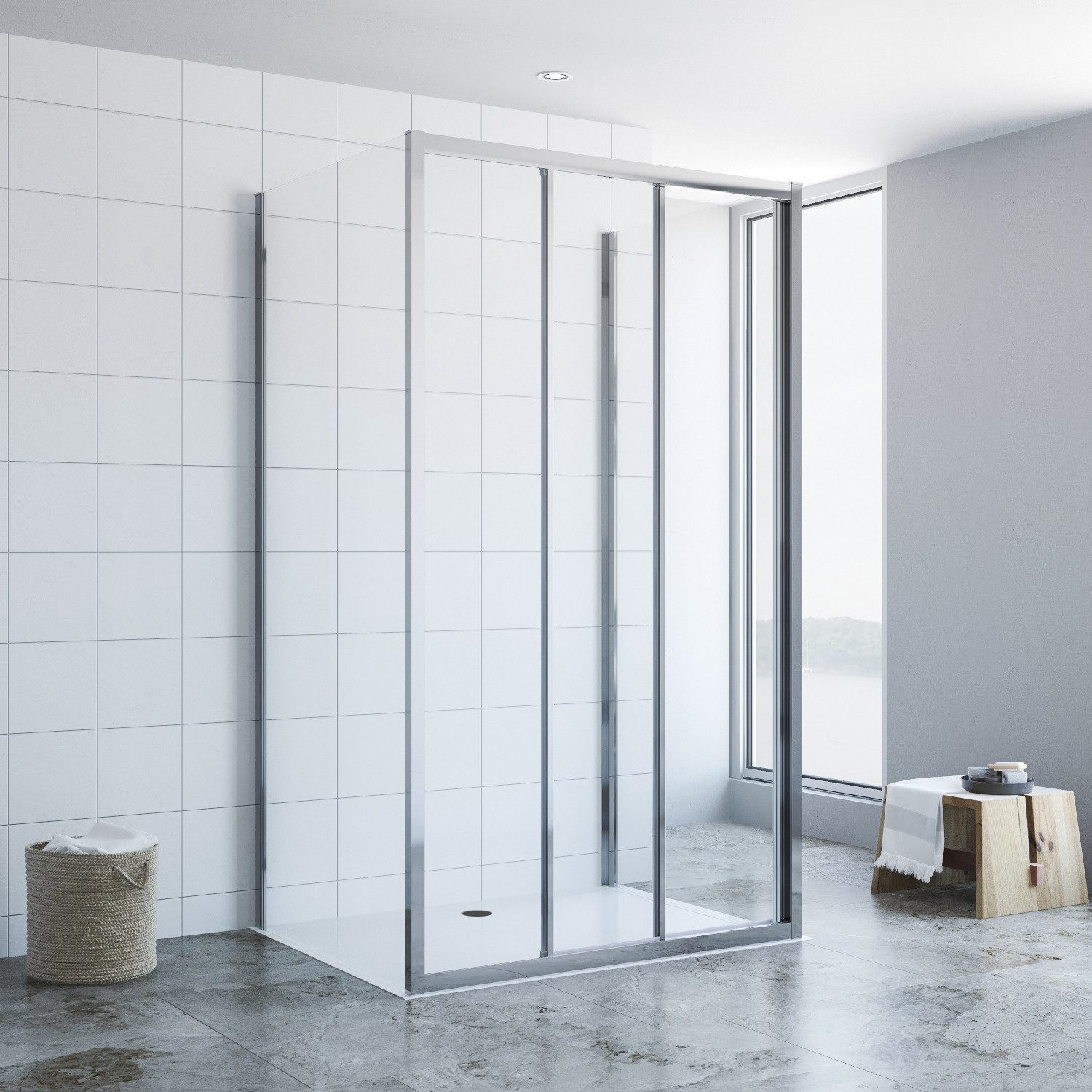 AQUALAVOS Grossraumdusche Duschkabine Eckeinstieg U-Form Schiebetür 3 Teilig mit 2 Seitenwänden, BxT: 85x90 cm, 6 mm klar Nano Einscheibensicherheitsglas (ESG), Untere Türrollen mit abklappsystem, Türöffnung: Tür öffnet nach Seite
