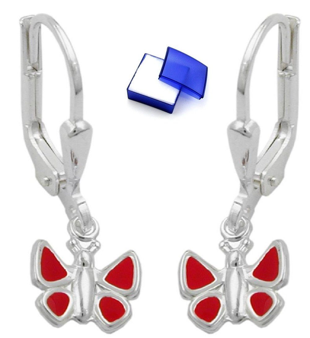 unbespielt Paar Ohrhaken Ohrringe Ohrhänger Brisur Schmetterling rot lackiert 925 Silber 22 x 7 mm inklusive Schmuckbox, Silberschmuck für Kinder