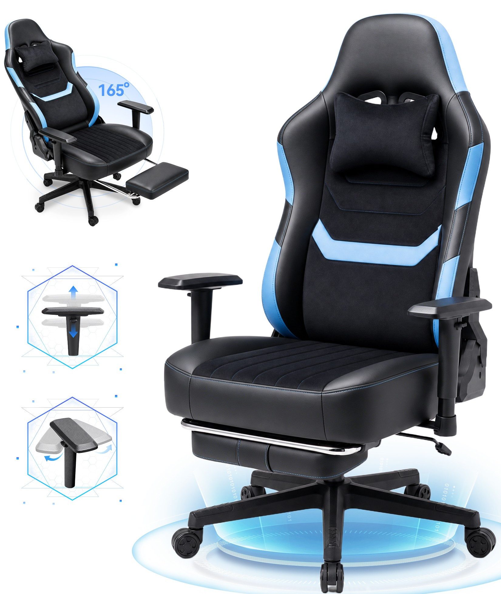 HOMALL Gaming-Stuhl mit Federkern,Komfort für Büro & Gaming,90-165° Rückenlehne,bis 180 kg, gaming stuhl mit Fußstütze,breites & dickes Sitzpolster