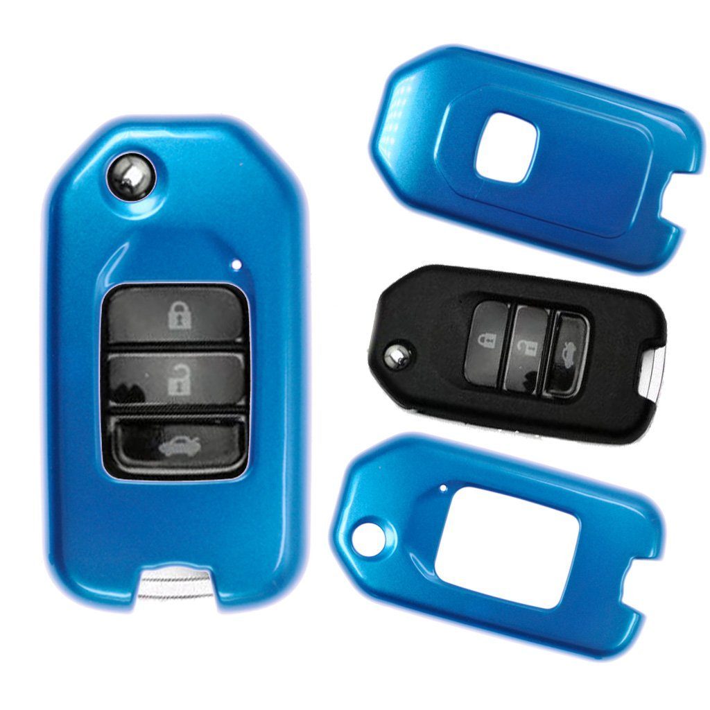 mt-key Schlüsseltasche Autoschlüssel Hardcover Schutzhülle Metallic Blau, für Honda Civic Jazz CR-V HR-V NSX Klappschlüssel