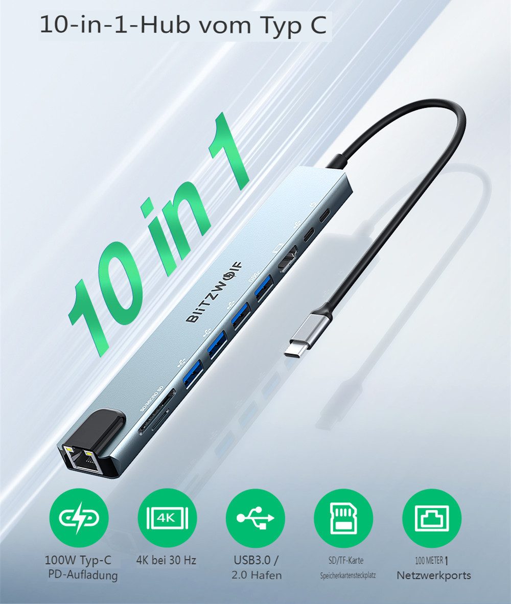 BLiTZWOLF USB-Verteiler (10 in 1 USB-Adapter Multiport, USB3.0/USB2.0/Typ-C 2.0/RJ45-Ethernet), 100 W PD-Aufladung / SD-TF-Kartensteckplätze Dockingstation