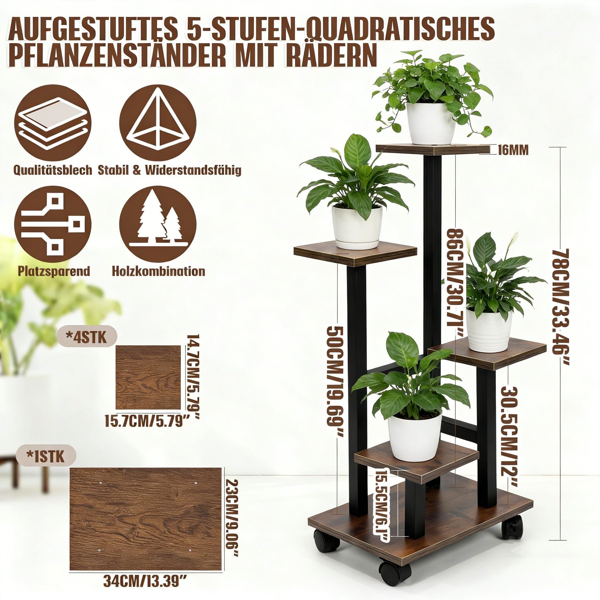 BlingBin Blumenständer Pflanzenständer mit Rollen 5 Ebenen – Blumenregal aus Holz und Metall (5-stöckiger, fahrbarer Blumenständer mit Rädern, 1 St., 1 × Pflanzenständer mit Rollen 85 × 34 × 23 cm), quadratisches Pflanzenregal,stabil & kippsicher, für Wohnzimmer,Balkon