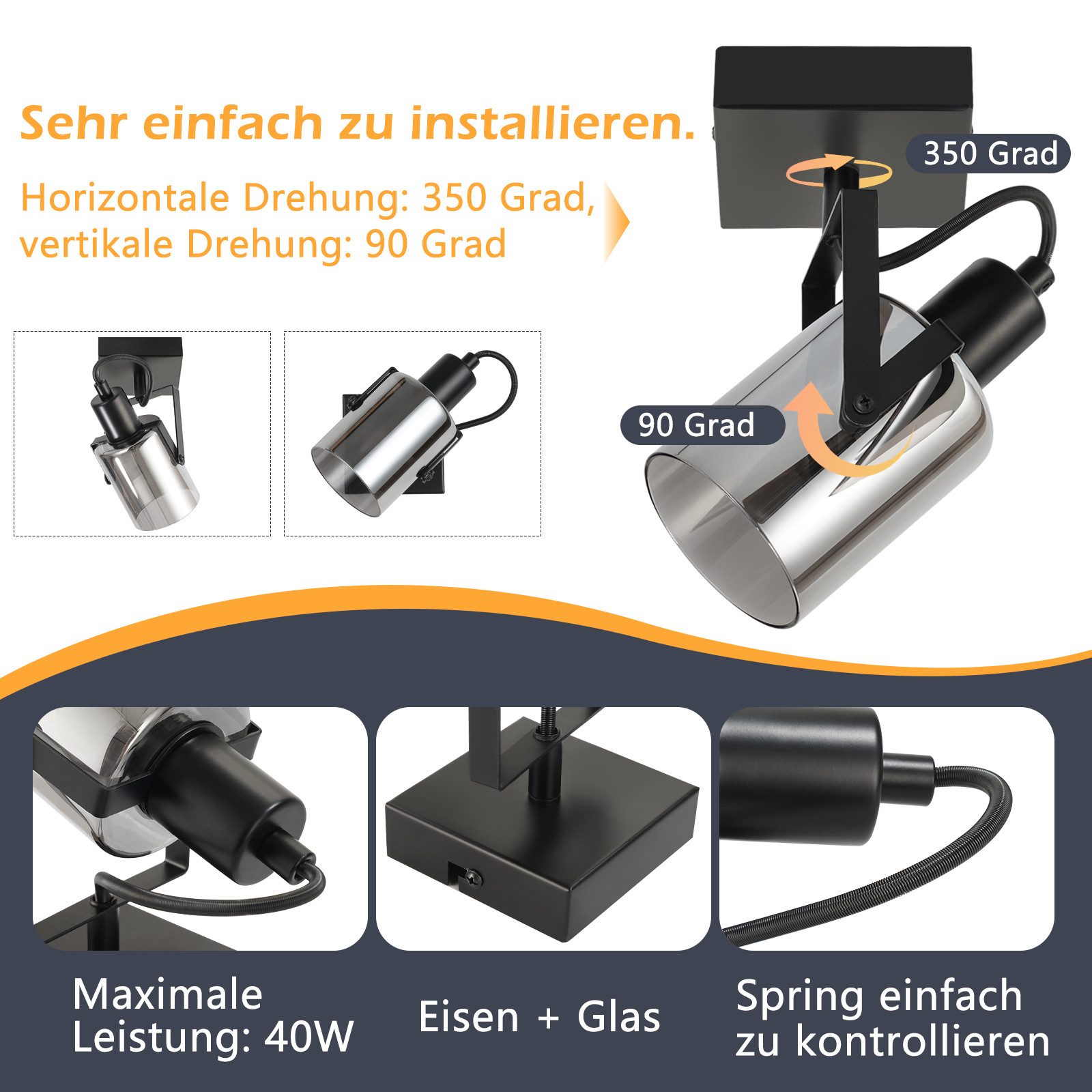 Nettlife Deckenstrahler Vintage 1/2/3/4 flammig Deckenstrahler Rauchgrau, Schwenkbar 350°, LED wechselbar, für Wohnzimmer Schlafzimmer Flur Küche