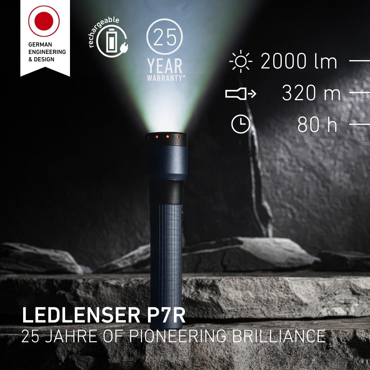 Ledlenser Taschenlampe P7R 25th Anniversary Edition, inkl. 2 Akkus, bis 2000 lm, Leuchtweite 320m, bis 80 Std. Laufzeit