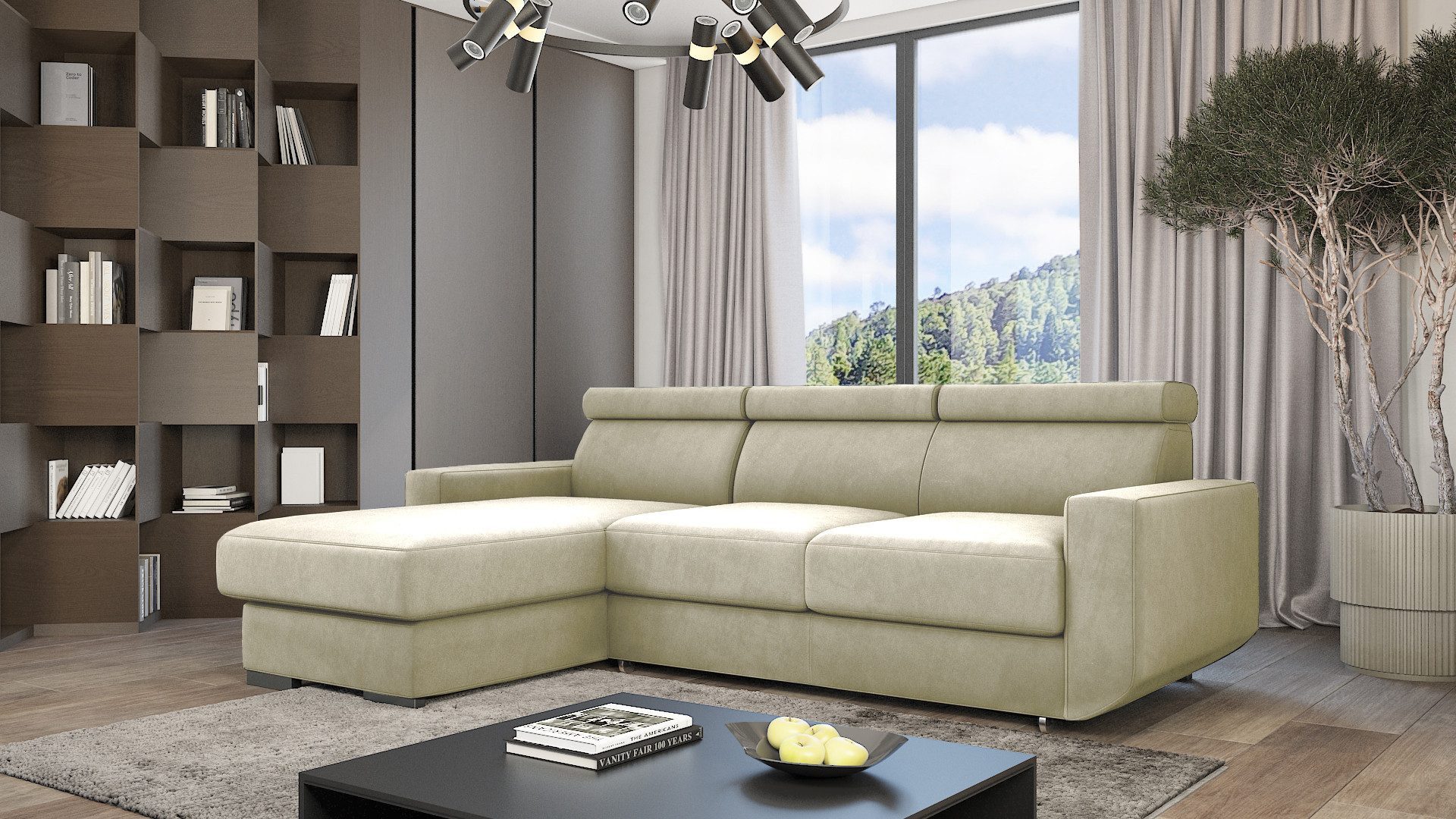 Goldstoff Ecksofa mit Schlaffunktion & Bettkasten "HUGO" verstellbare Kopfstützen, L-Form Couch mit Schlaffunktion und Bettkasten - Sofa, mit Relaxfunktion