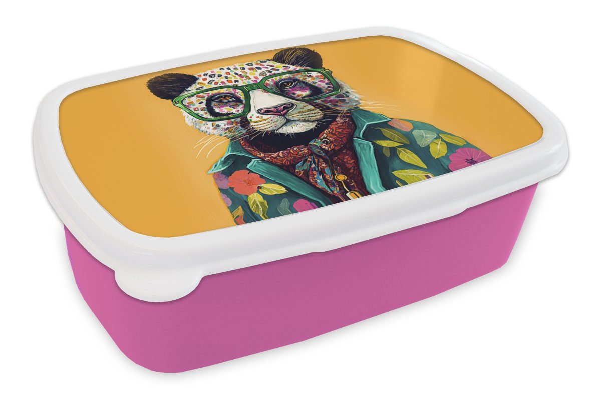 MuchoWow Lunchbox Panda - Brille - Hippie, Kunststoff, (2-tlg), Brotbox für Erwachsene, Brotdose Kinder, Snackbox, Mädchen, Kunststoff rosa