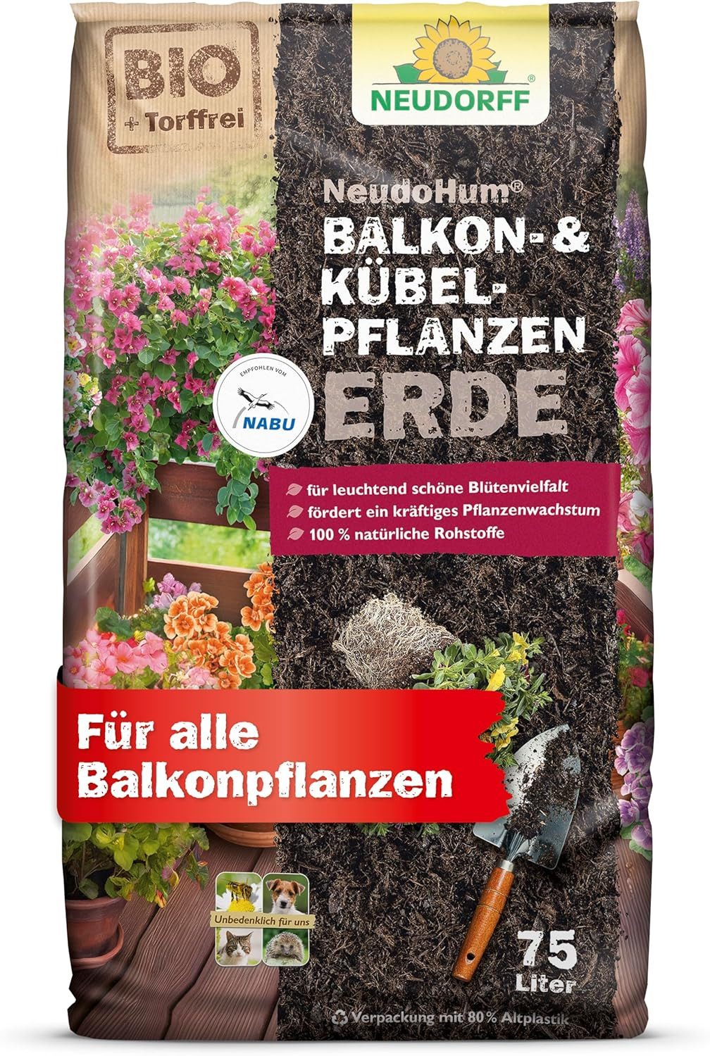 Neudorff Blumenerde Neudorff NeudoHum Balkon- & KübelpflanzenErde 40 L, mit Organischer Dünger, ausreichend für ca. 3–4 Wochen, (Erde / Pflanzsubstrat, Einzelprodukt), Torffreie Bio-Erde aus nachwachsenden Rohstoffen Von NABU empfohlen