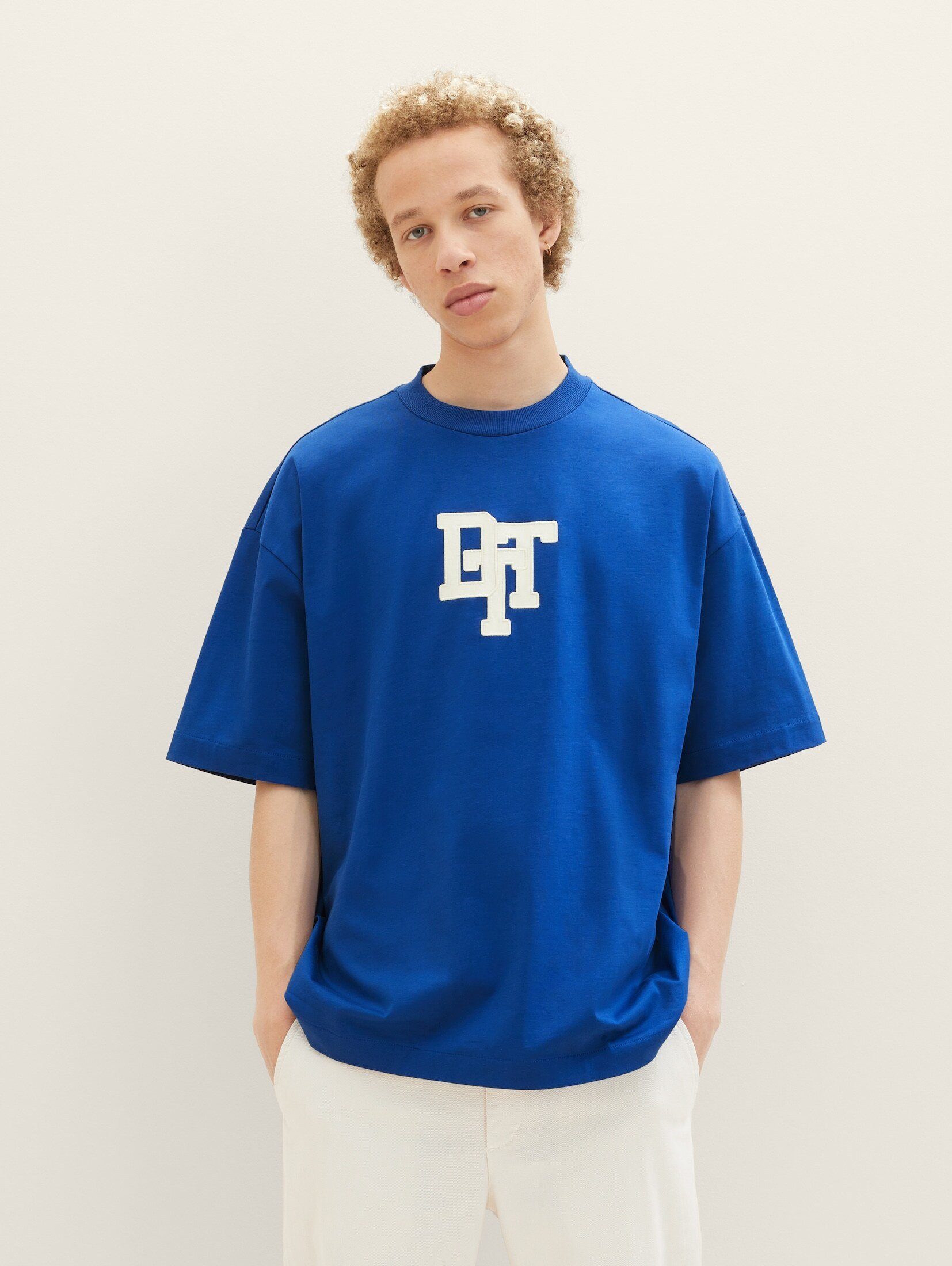 TOM TAILOR mit T-Shirt T-Shirt blue Applikation shiny Oversized royal Denim