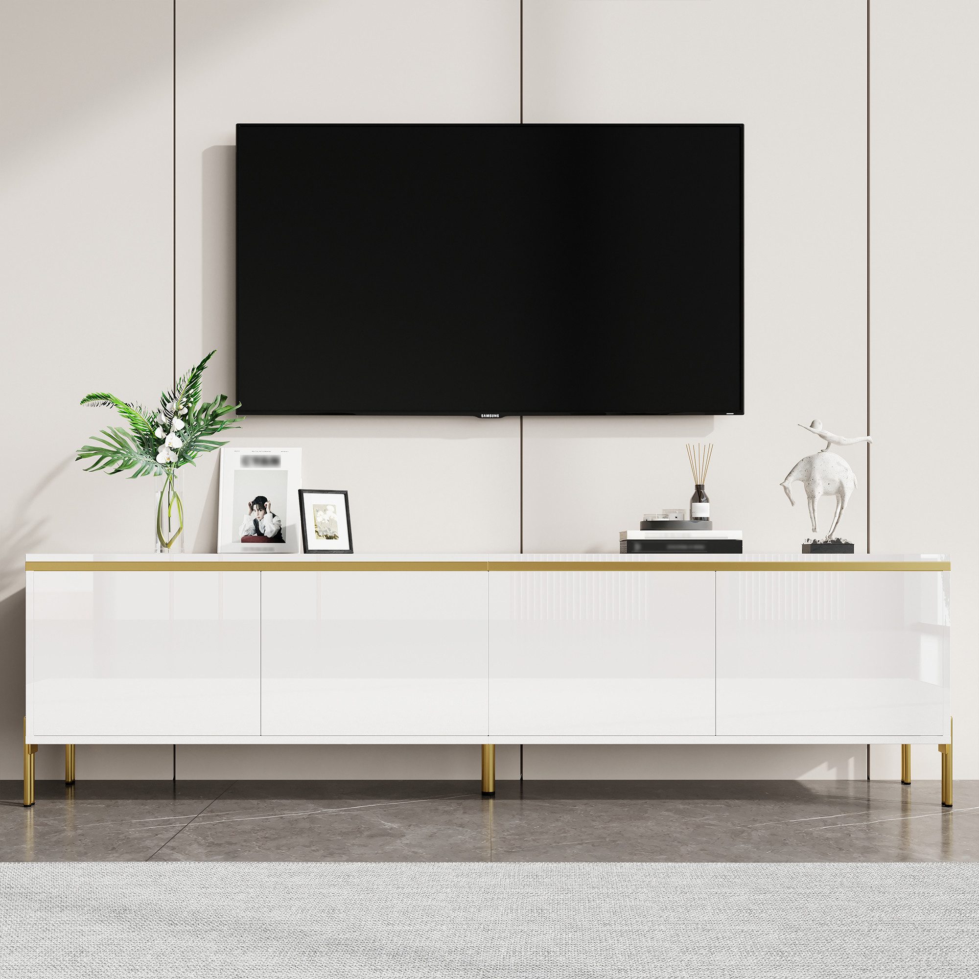 Merax Lowboard hochglanz TV-Ständer mit goldenen Zierelementen & Kabeldurchführungen (1 St), TV-Schrank mit 4 Schranktüren und Metallbeinen, 170x38x50cm
